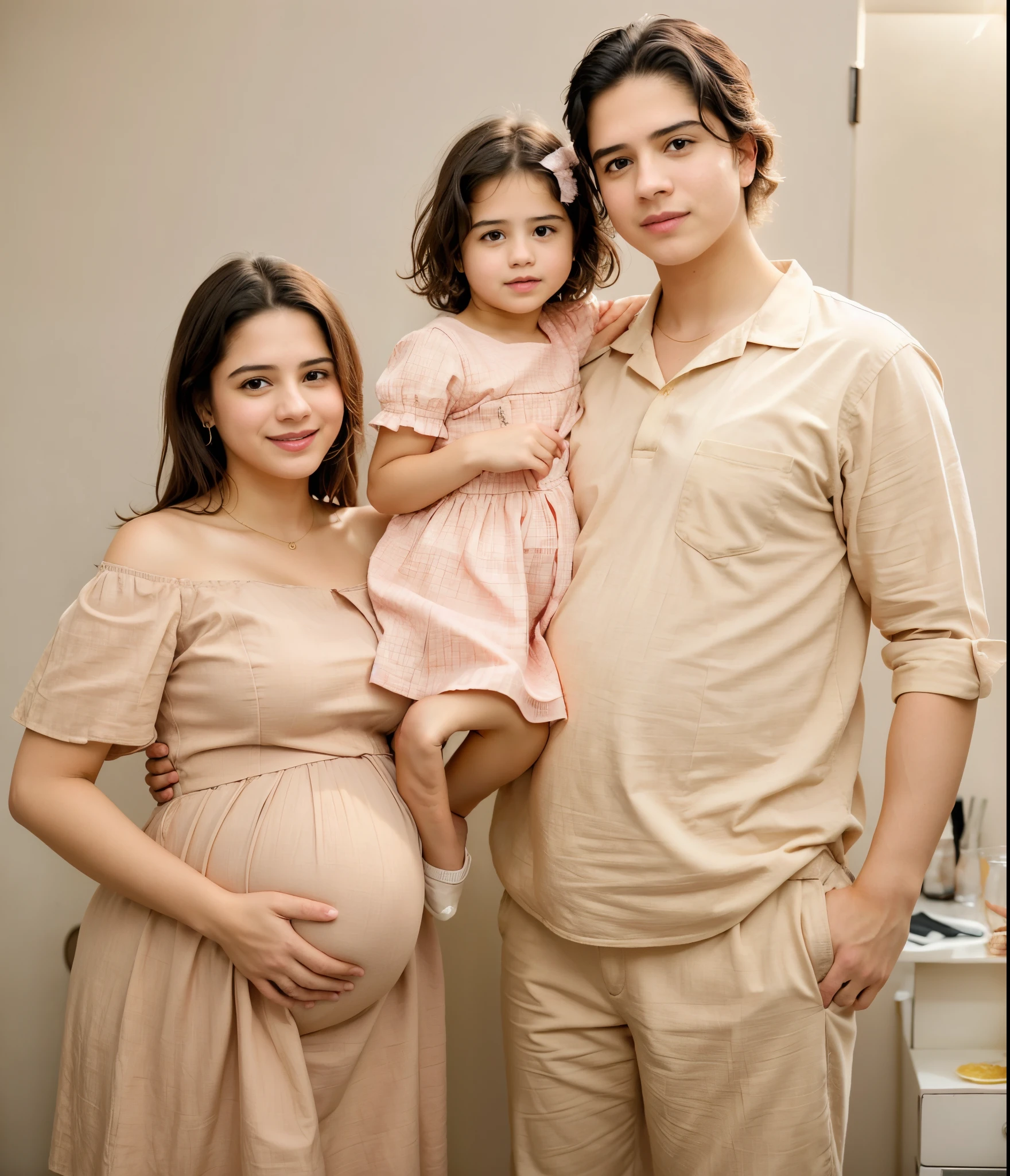 pregnant woman in beige dress with husband and daughter at a party, Malika Favre, portrait of family of three, marido esposa e filho, 4 k post, Postagem 4k, Directed by: Nandor Soldier, Happy family, divertindo-se, Detalhes adicionais, family portrait, trending ，, imagem de perfil, 🤬 🤮 💕 🎀, super high resolution