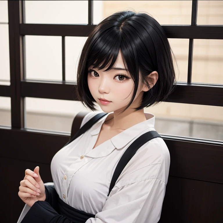 1girl in, 22year old, gradient, up looking_で_viewer, Black_hair, Solo by JM, Yoshiko Akishino, Shorthair