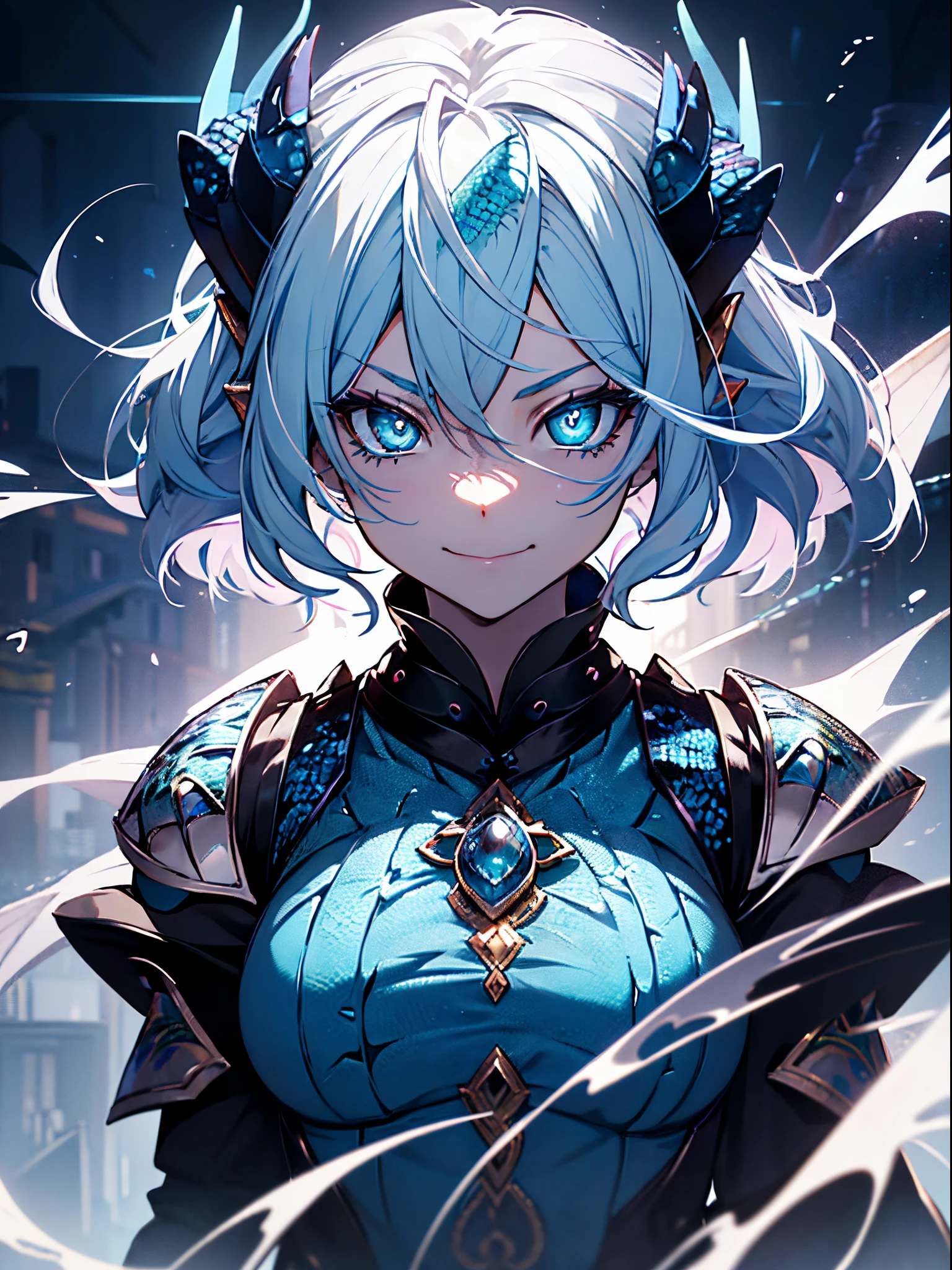 With white hair and Blue eyes,beautiful as a fairy,A lovable and happy expression that stirs affection,side face,floating hair,light particles,glare,vivid,fancy,dreamlike, ((Dragon Girl)) ((Blue Horns)) ((Dark Fantasy)) ((Elden Ring)) (((Blue Dragon Scales Armor))) (((Lizard Eyes)))