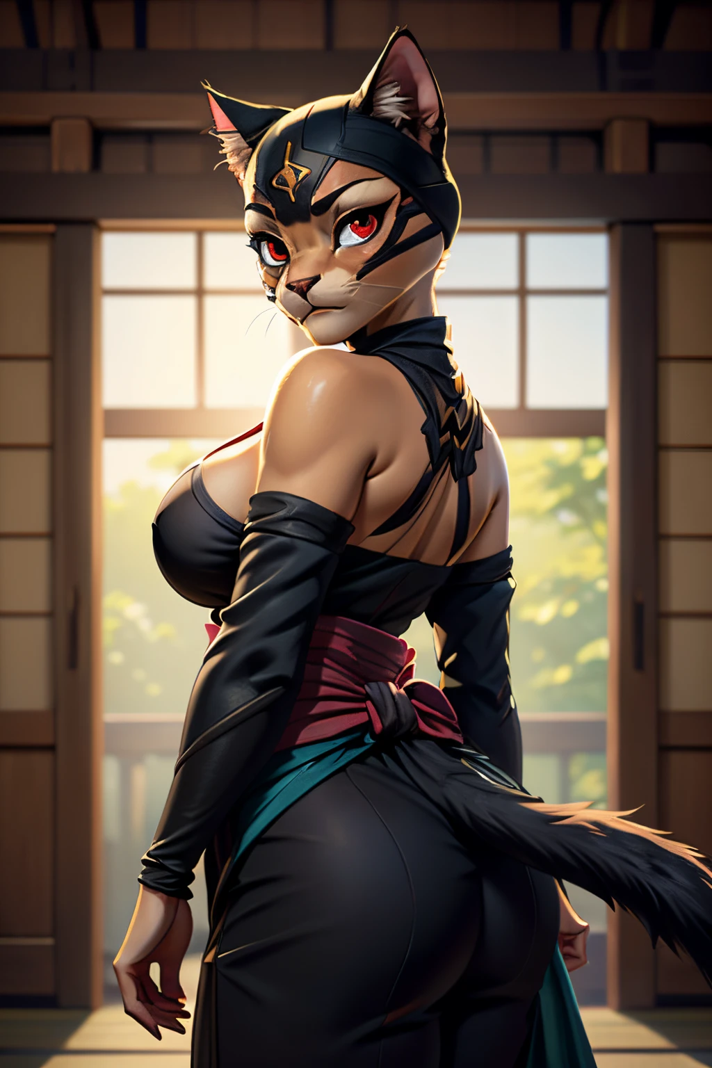 ((ultra quality)), ((tmasterpiece)), Girl-khajiit, Shinobi Girl, anthro cat, furry cat, ((there are only cat ears, no others)), ((there is a cat&#39;s short fluffy tail in its back)), ((Face Clean)), Beautiful cute face, beautiful female lips, charming beauty, ((stern expression)), looks at the camera with his eyes slightly closed, ((skin color black, Black Panther)), ((Dark skin color)), Body glare, ((detailed beautiful female eyes)), ((red-eyes)), beautiful female hands, ((perfect female figure)), ideal female body shapes, Beautiful waist, big thighs, ((Subtle and beautiful)), seductively worth it, epic stance ((closeup face)), ((Ninja clothing, sexy shinobi clothes, sexy cleavage), background: 19th century Japan, Traditional Japanese House, the night, ((Depth of field)), ((high quality clear image)), ((crisp details)), ((higly detailed)), Realistic, Professional Photo Session, ((Clear Focus)), ((cartoon)), the anime, NSFW