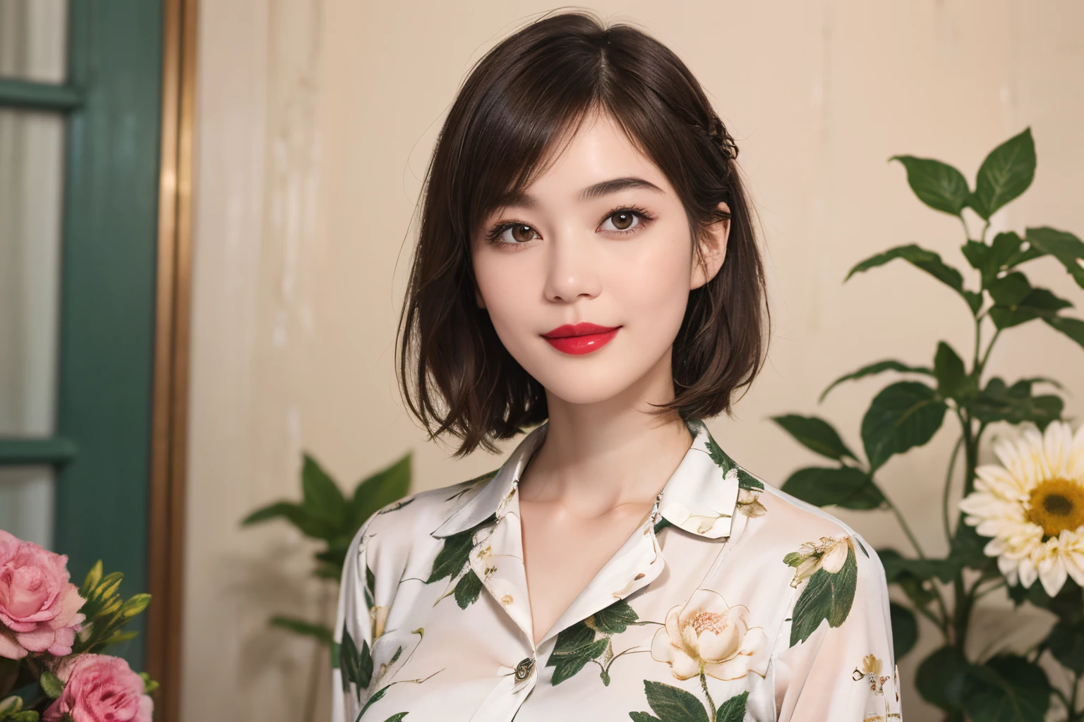 109
(a 20 yo woman,is standing), (A hyper-realistic), (high-level image quality), ((beautiful hairstyle 46)), ((short-hair)), (Gentle smile), (Keep your mouth shut), (lipsticks), (breasted:1.1), Floral clothing
