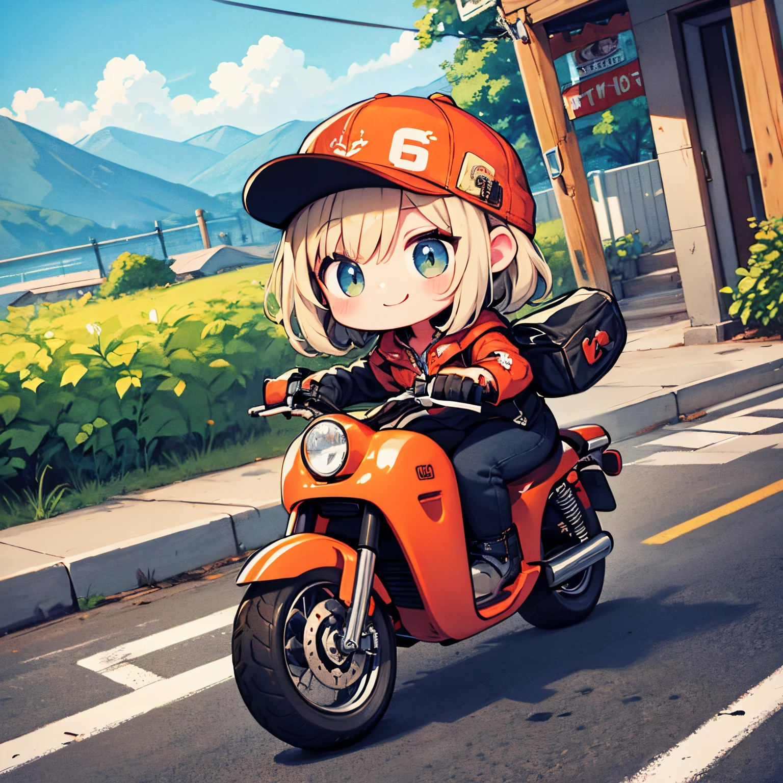 ​masterpiece、Touring Route 66、girl riding a harley davidson motorcycle、looking happy smile、A detailed face、A detailed eye、Perfect drawing、Chibi、