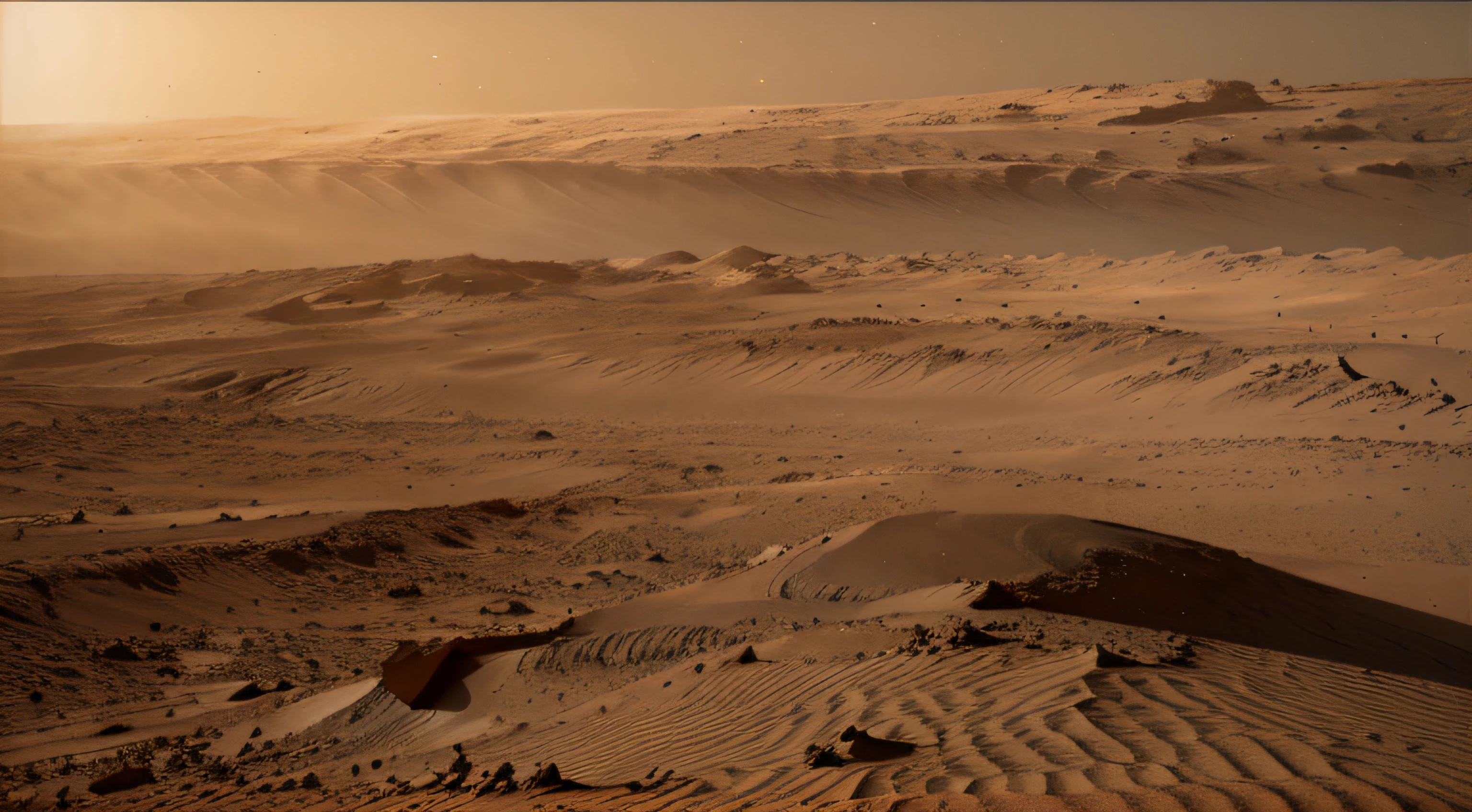 In the universe, a small rocket flies to the Mars planet, planet, wind picture is bright, strong texture, realistic photography, Mars yellow sky, sandstorm details, super wide angle, high realism, light and dark