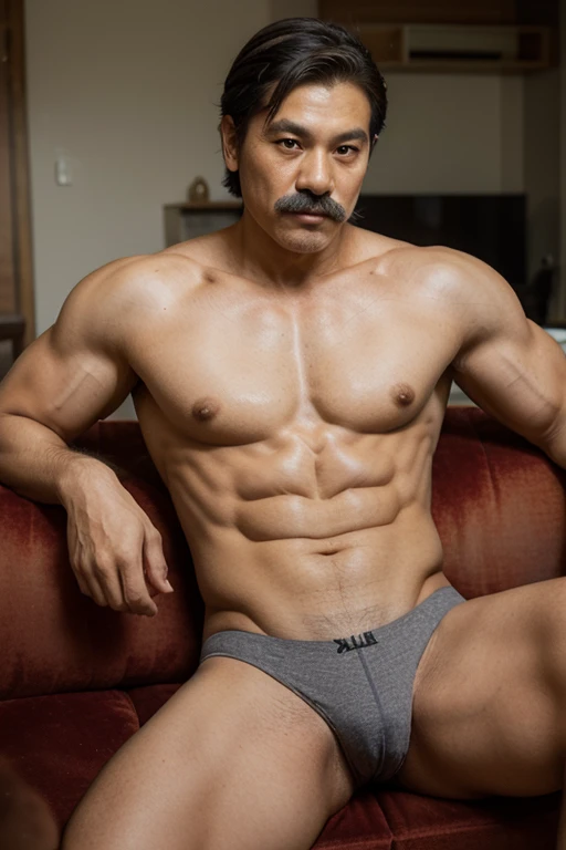 A young Thai grandfather with gray hair, a mustache, a muscular body, wearing bulging underwear sits on a wooden sofa.