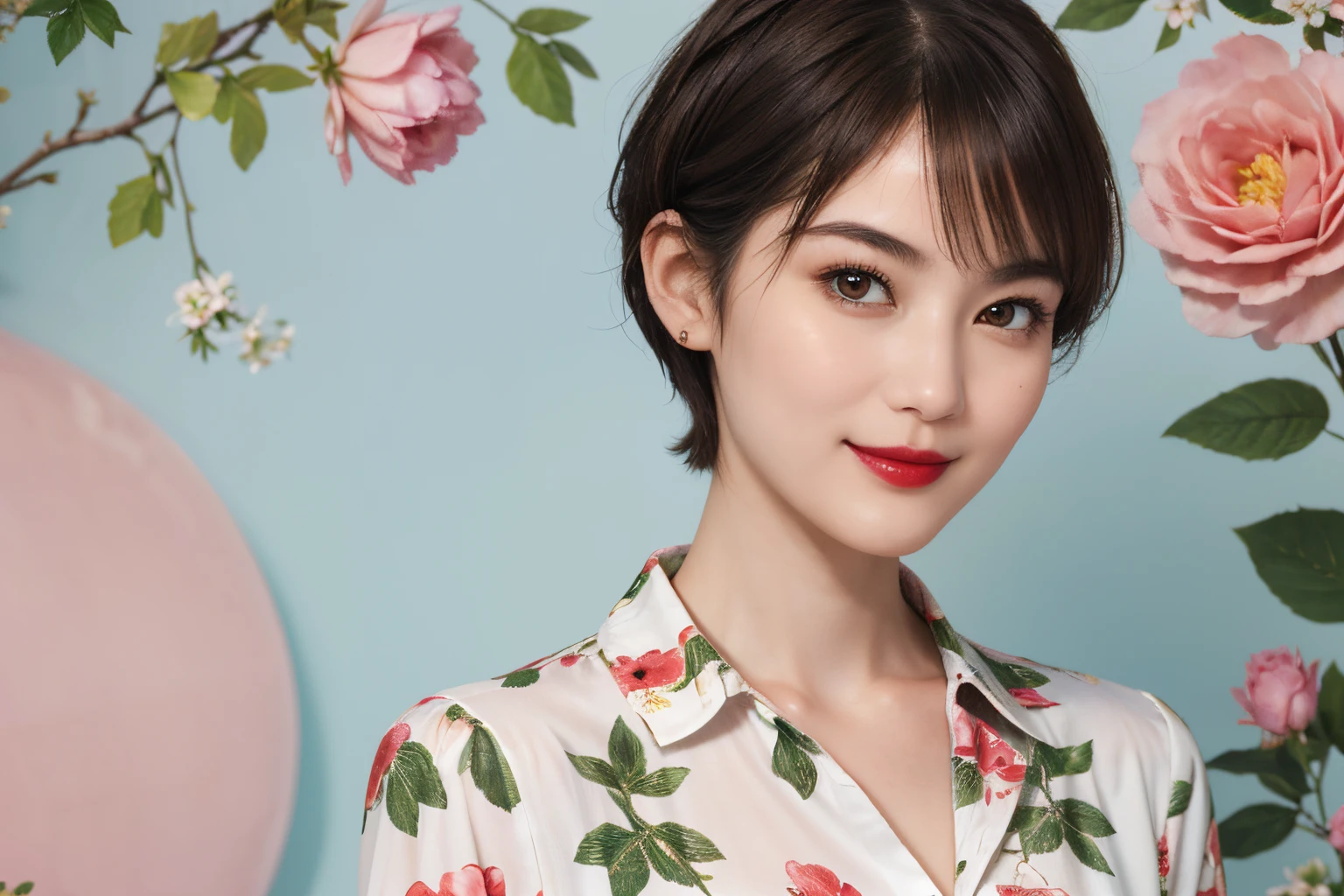 109
(a 20 yo woman,is standing), (A hyper-realistic), (high-level image quality), ((beautiful hairstyle 46)), ((short-hair)), (Gentle smile), (Keep your mouth shut), (lipsticks), (breasted:1.1), Floral clothing