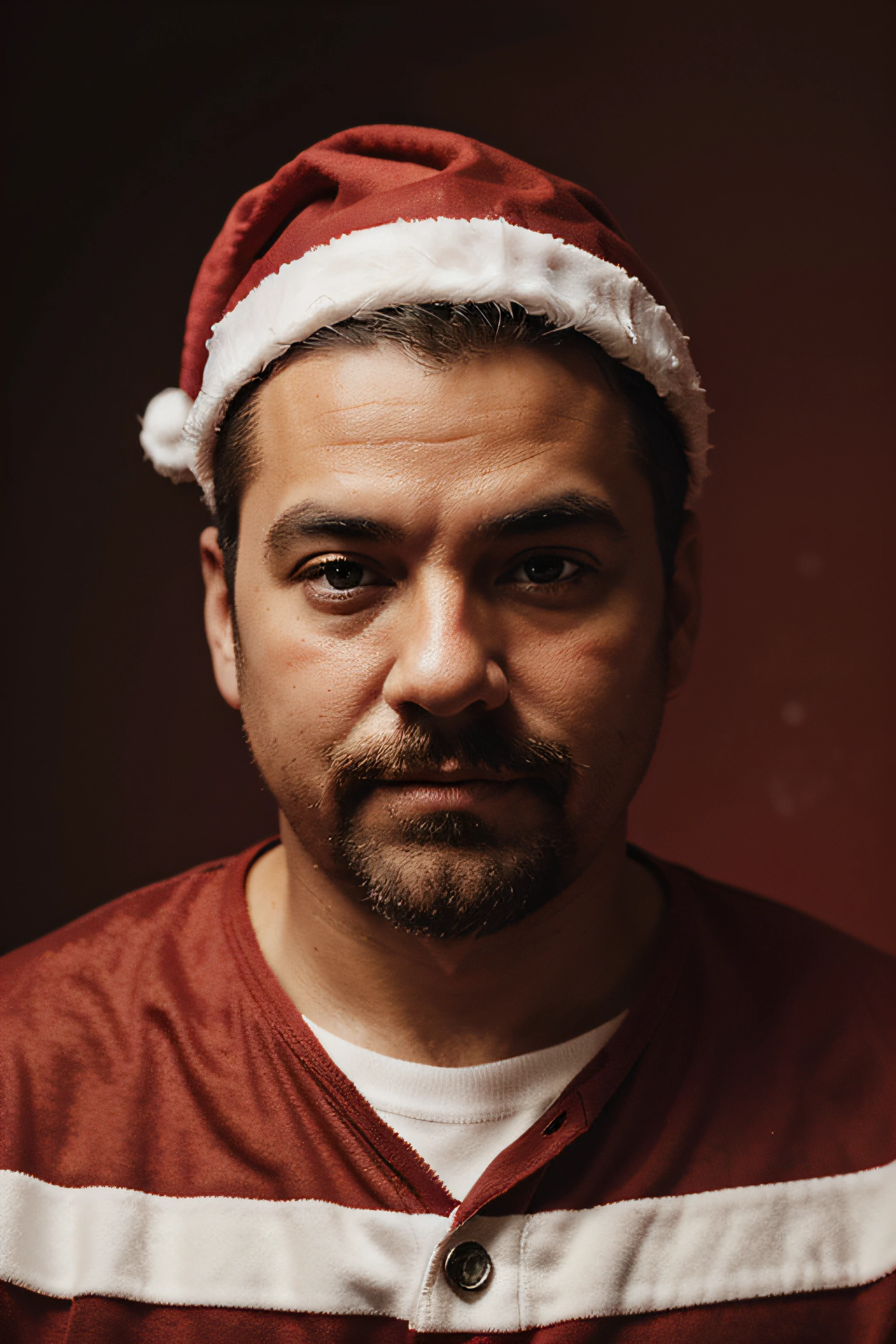 Create an image that has red color back ground and a subject. The subject was a santa.
The subject is not in the middle of the image.