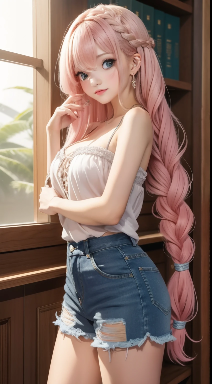 ((best quality,8k,tmasterpiece:1.4)), cabelo rosa,Long braid on one side, Ao ar livre, Roupa interior branca lisa de uma palavra bandeau,Enorme teto, peles brilhantes,shorts jeans rasgados apertados, olhos verdes
