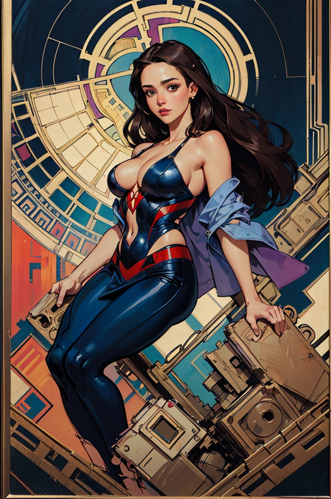 Jessica Alba、Sticking out the navel、newyork、She wears a torn Spider-Man suit,wearing skirt、abstract photorealistic、artistic、Alphonse Mucha's painting(masterpiece、top-quality、hight resolution:1.4)、detaileds、intricate-detail、4K、color splashes、line-drawing、Fibonacci、
