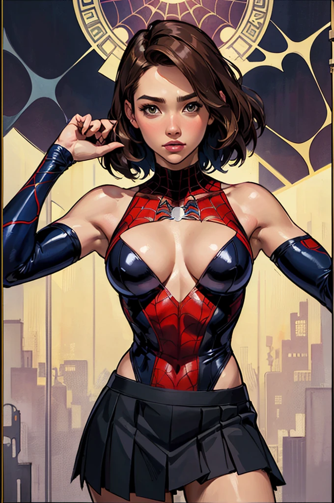 Jessica Alba、Sticking out the navel、newyork、She wears a torn Spider-Man suit,wearing skirt、abstract photorealistic、artistic、Alphonse Mucha's painting(masterpiece、top-quality、hight resolution:1.4)、detaileds、intricate-detail、4K、color splashes、line-drawing、Fibonacci、