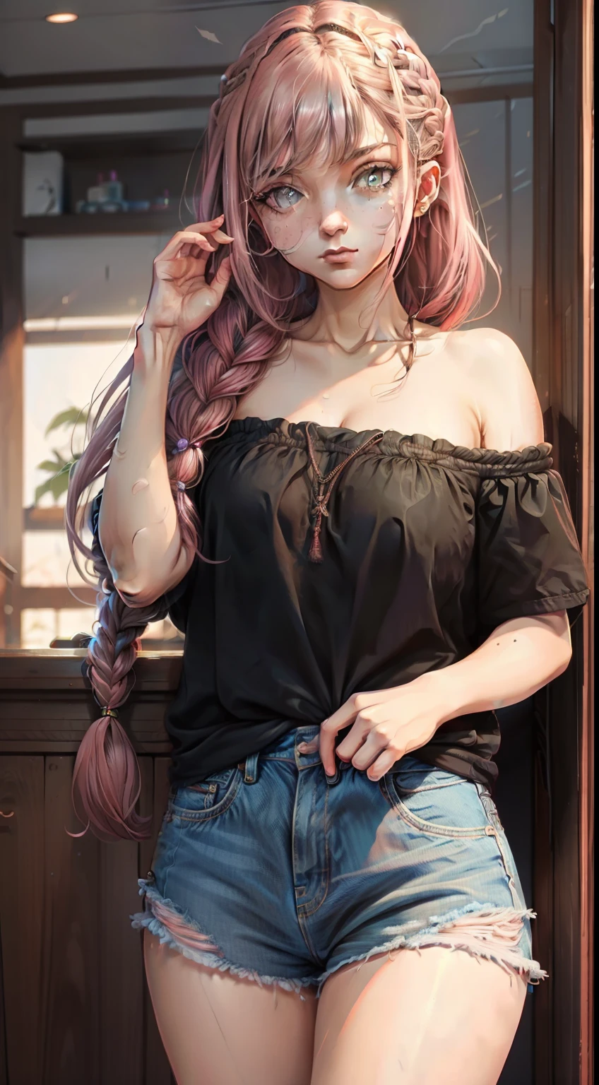 ((best quality,8k,tmasterpiece:1.4)), cabelo rosa,Long braid on one side, Ao ar livre, Roupa interior branca lisa de uma palavra bandeau,Enorme teto, peles brilhantes,shorts jeans rasgados apertados, olhos verdes