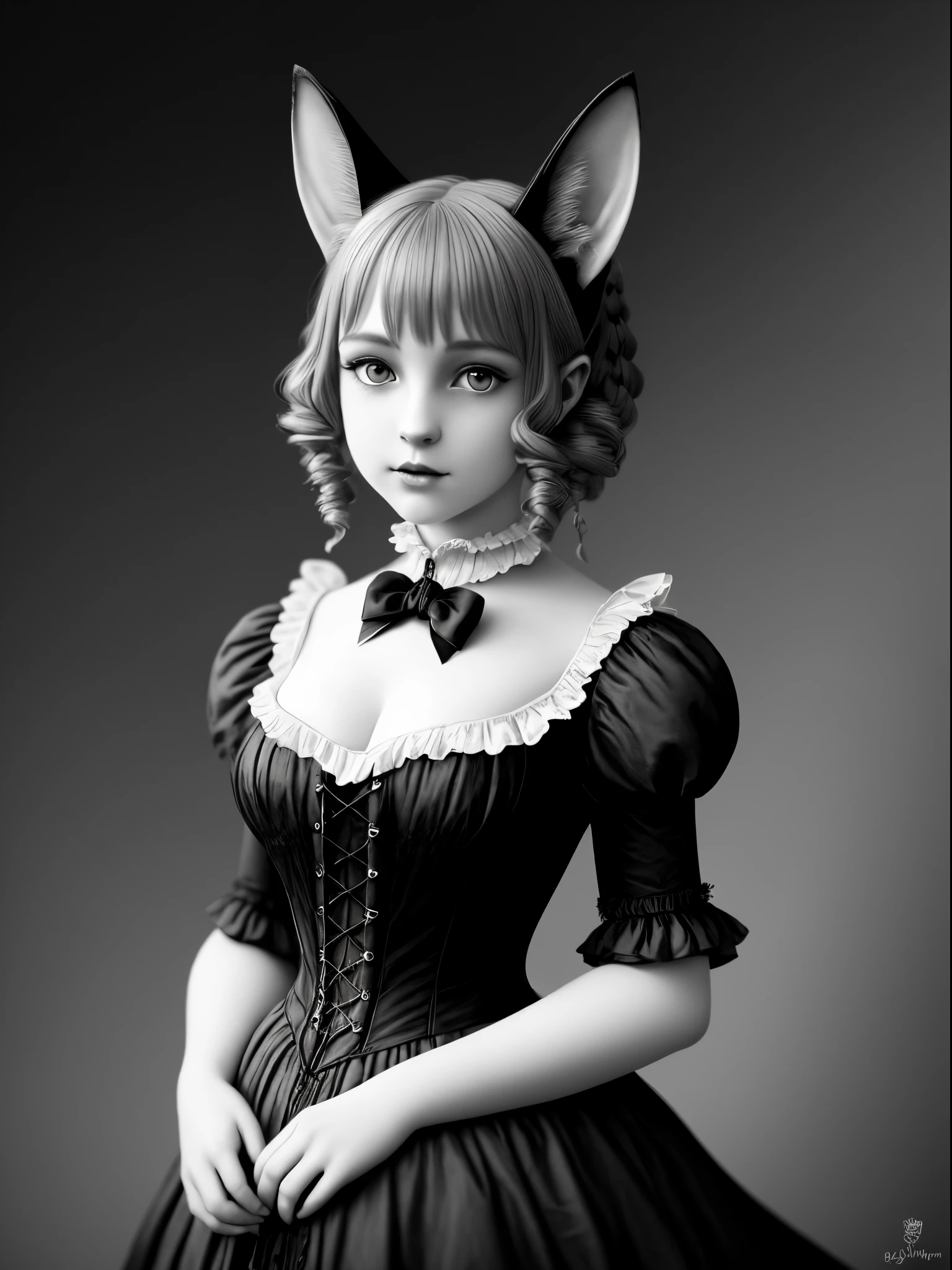 Victorian fantasy art　Cat-eared girl　monochromes