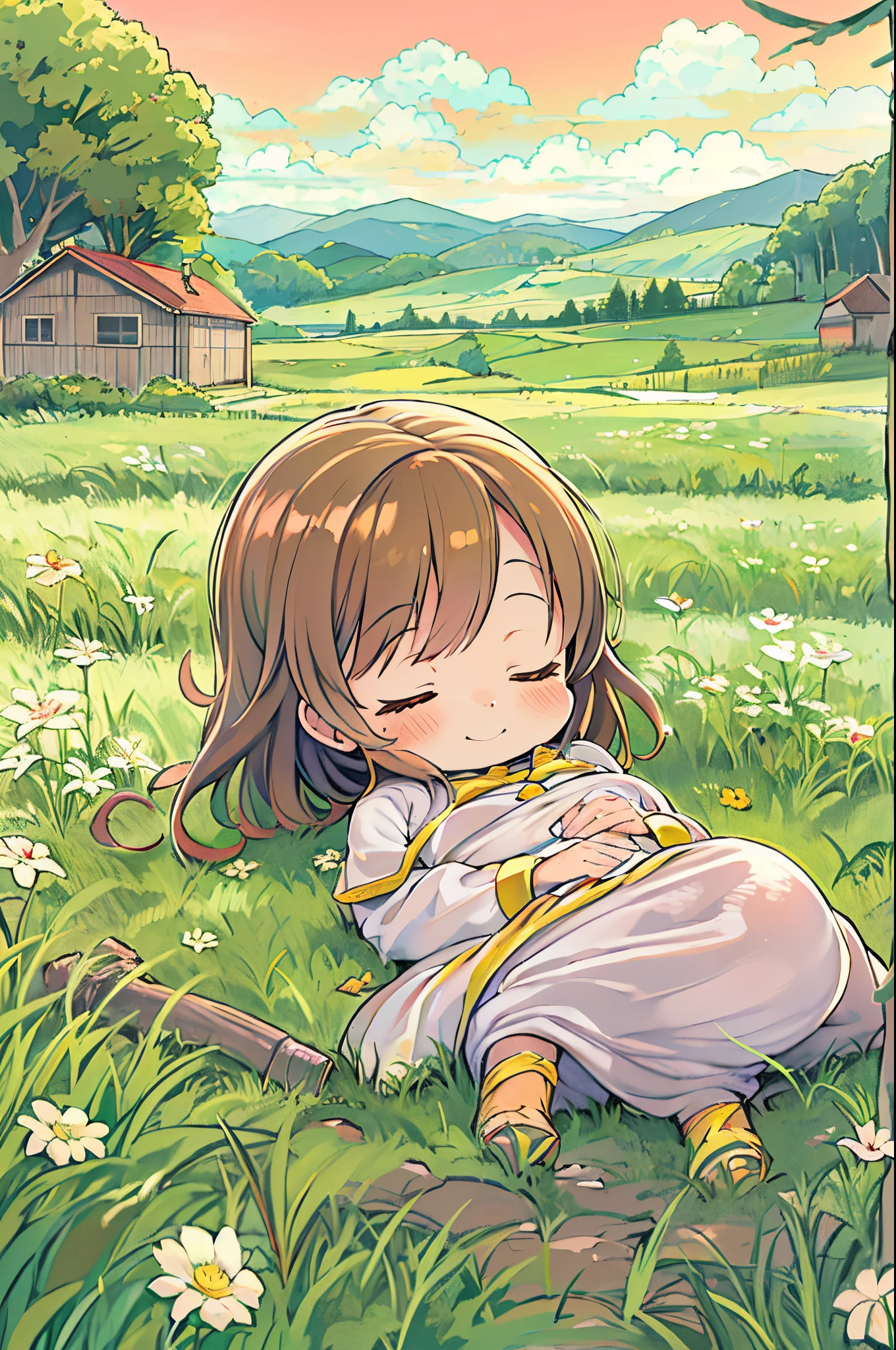 kawaii、8 years old girl、Are sleeping、Chibi, beautiful anime scene, country scenery, Background of the field, Beautiful anime scenery, Beautiful peace scenes in anime, farming、farmhouse、 Sleep with a happy face on the grass、gentle wind