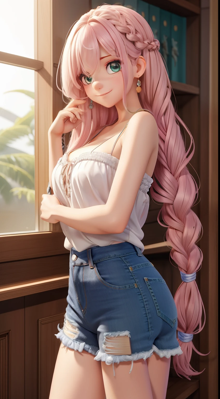 （（best quality，8k，tmasterpiece：1.4））， cabelo rosa，Long braid on one side， Ao ar livre， Roupa interior branca lisa de uma palavra bandeau，Enorme teto， peles brilhantes，shorts jeans rasgados apertados， olhos verdes