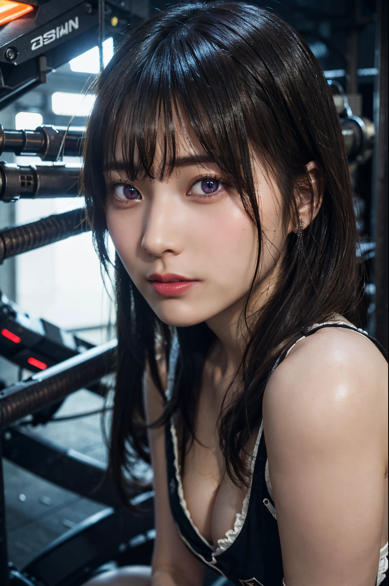 Top Quality, Masterpiece, Ultra High Resolution, (Photorealistic: 1.4), Raw Photo, 1 Girl, Black Hair, Glossy Skin, 1 Mechanical Girl, (Ultra Realistic Detail)), Portrait, Global Illumination, Shadows, Octane Rendering, 8K, Ultra Sharp, Big, Cleavage Exposed Raw Skin, Metal, Intricate Ornament Details, Japan Details, Very intricate details, realistic light, CGSoation trend, purple eyes, glowing eyes, facing the camera, neon details, mechanical limbs, blood vessels connected to the tube, mechanical vertebrae attached to the back, mechanical cervical attachment to the neck, sitting, wires and cables connecting to the head, gundam, small LED lamps,