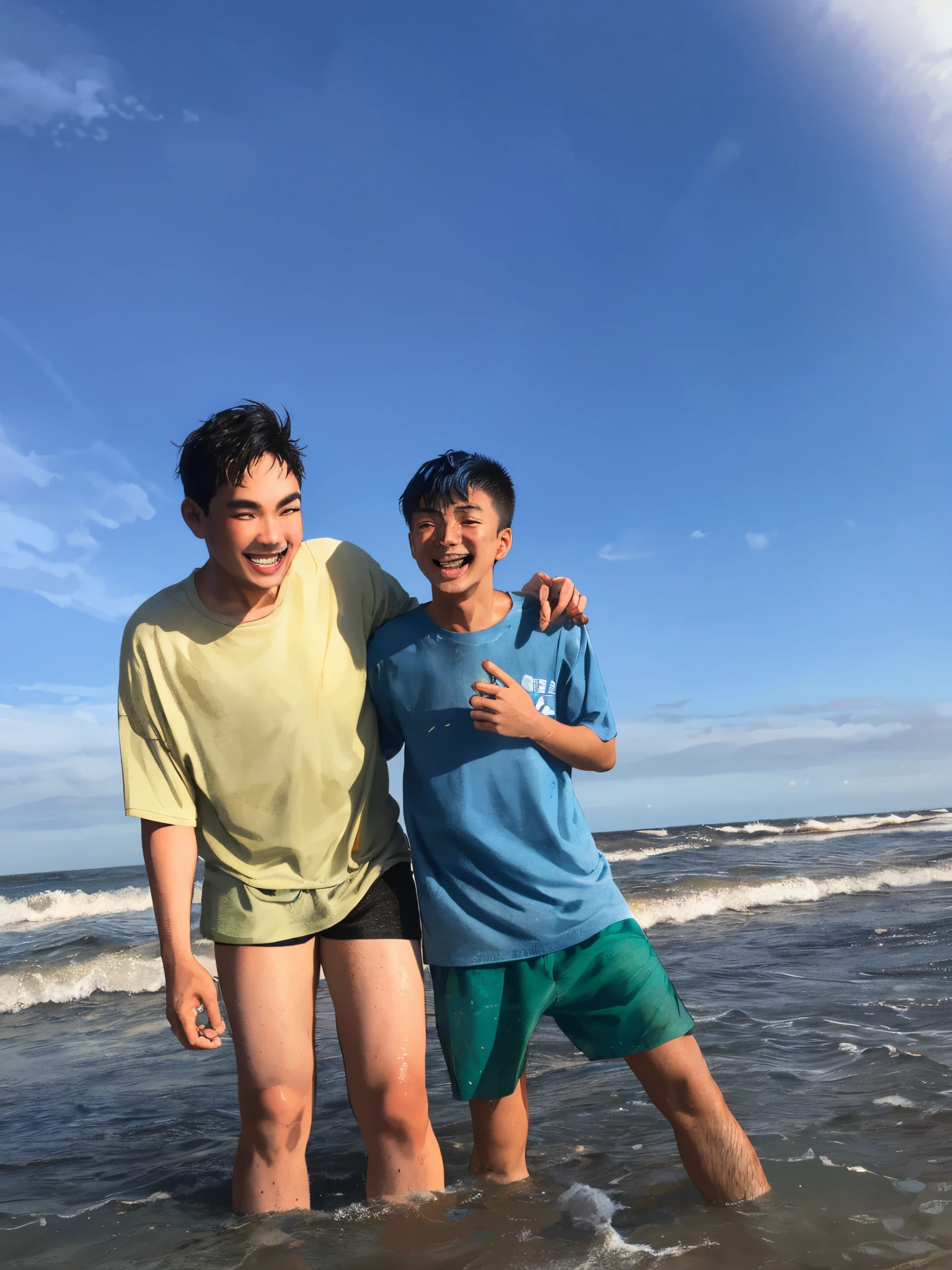 Japanese men、12 years old、Muscles and smooth skin、Swimmers、Short black hair、Relaxed and friendly smile、Metallic light blue thin boxer briefs、The whole body is visible、Laughing with your mouth open、