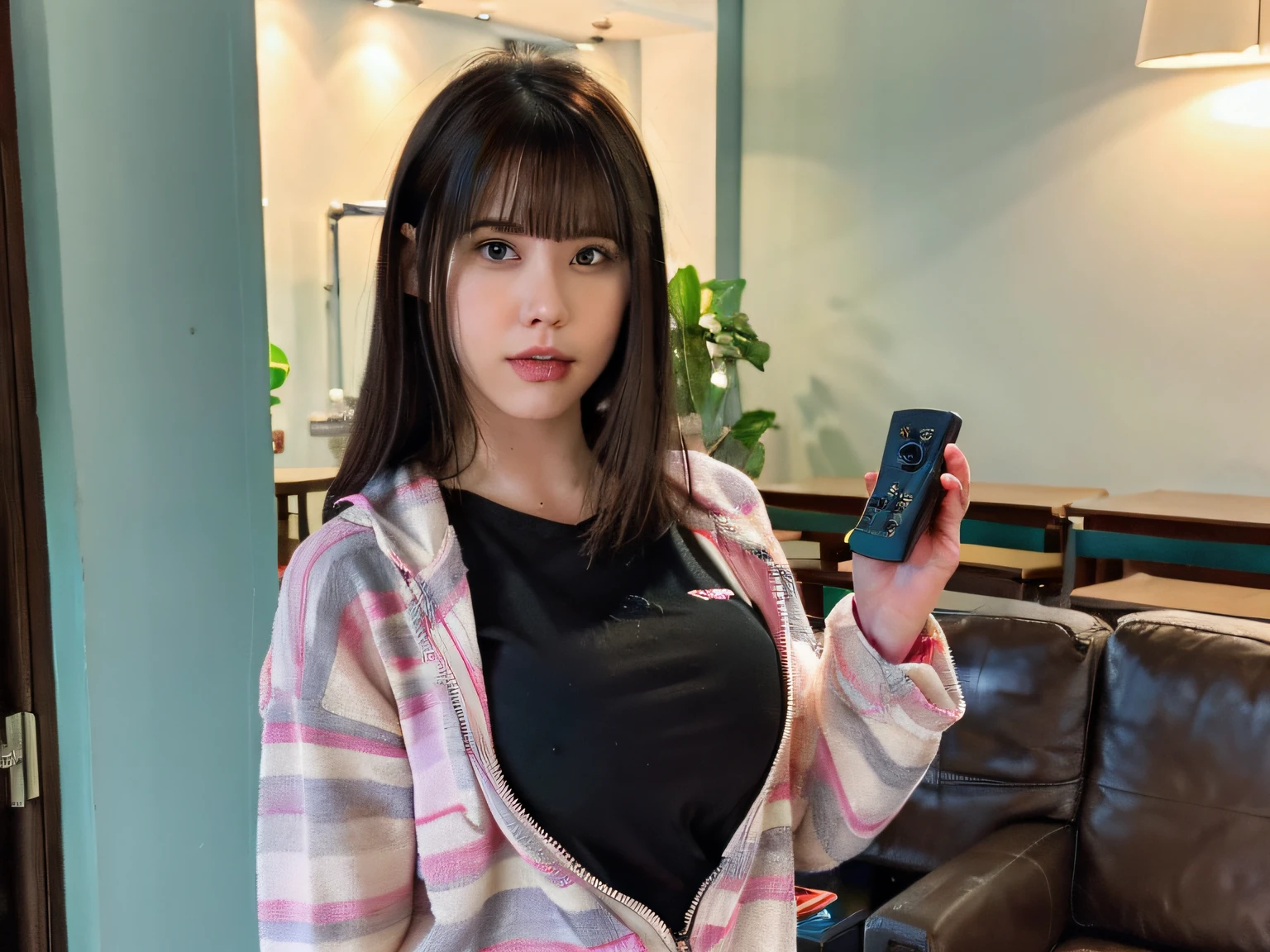 arafed woman with long brown hair and a white shirt, けもの, Japanese, she has a cute expressive face, in a japanese apartment, masutepiece!!, 奈良美智, narumi kakinouchi, Ayami Kojima Amano, she has a distant expression, naughty expression, Hello