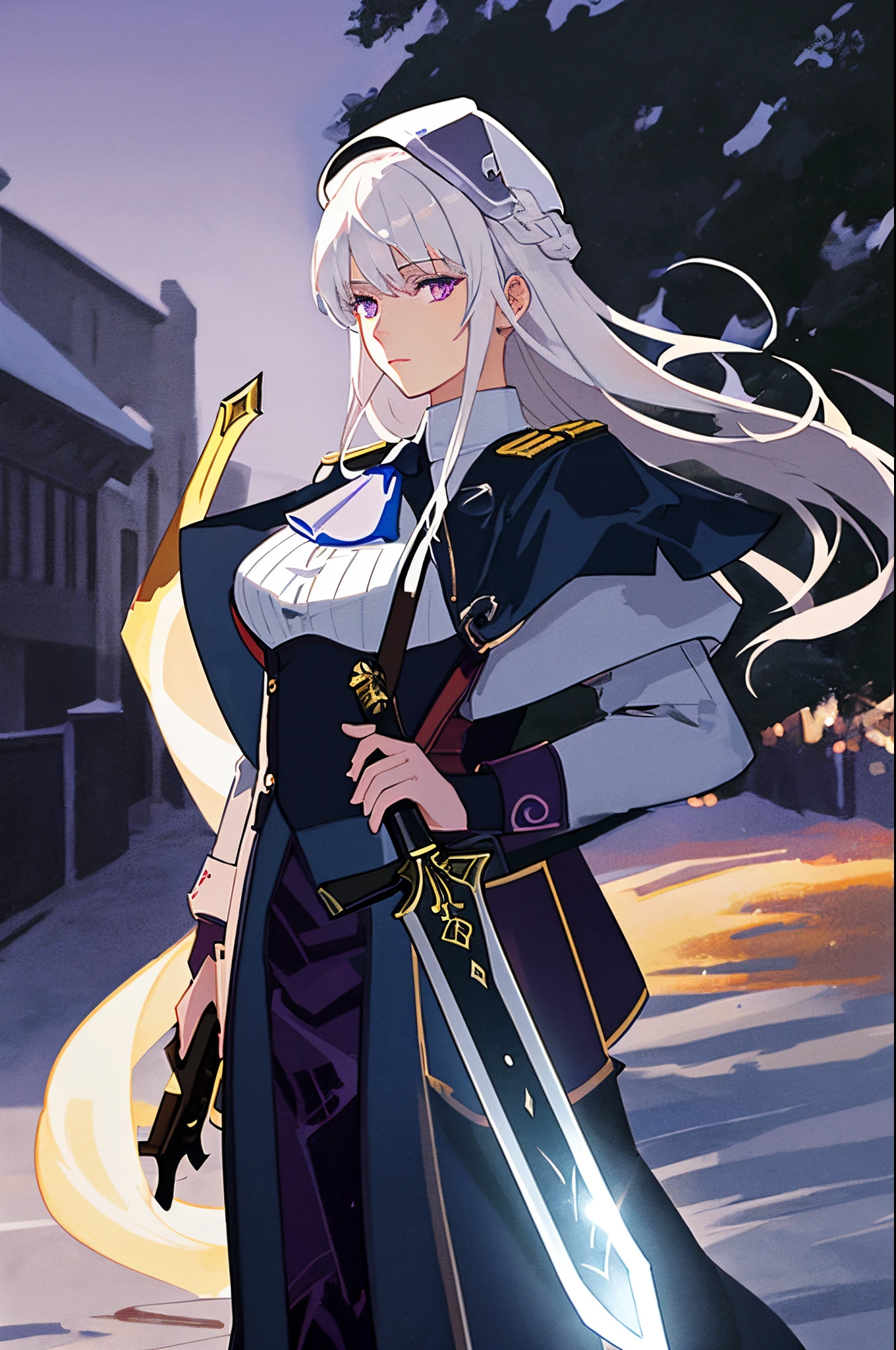 This image is a digital illustration made by MSchiffer with dynamic dark lines in cel-shaded style, showing the spectacular beauty of a young adult woman, who wears military clothing. Holding a large sword, She has grayish white hair, wears a military hat, Violet eyes, She is looking at the viewer. Very low point of view. Tetradic colors.