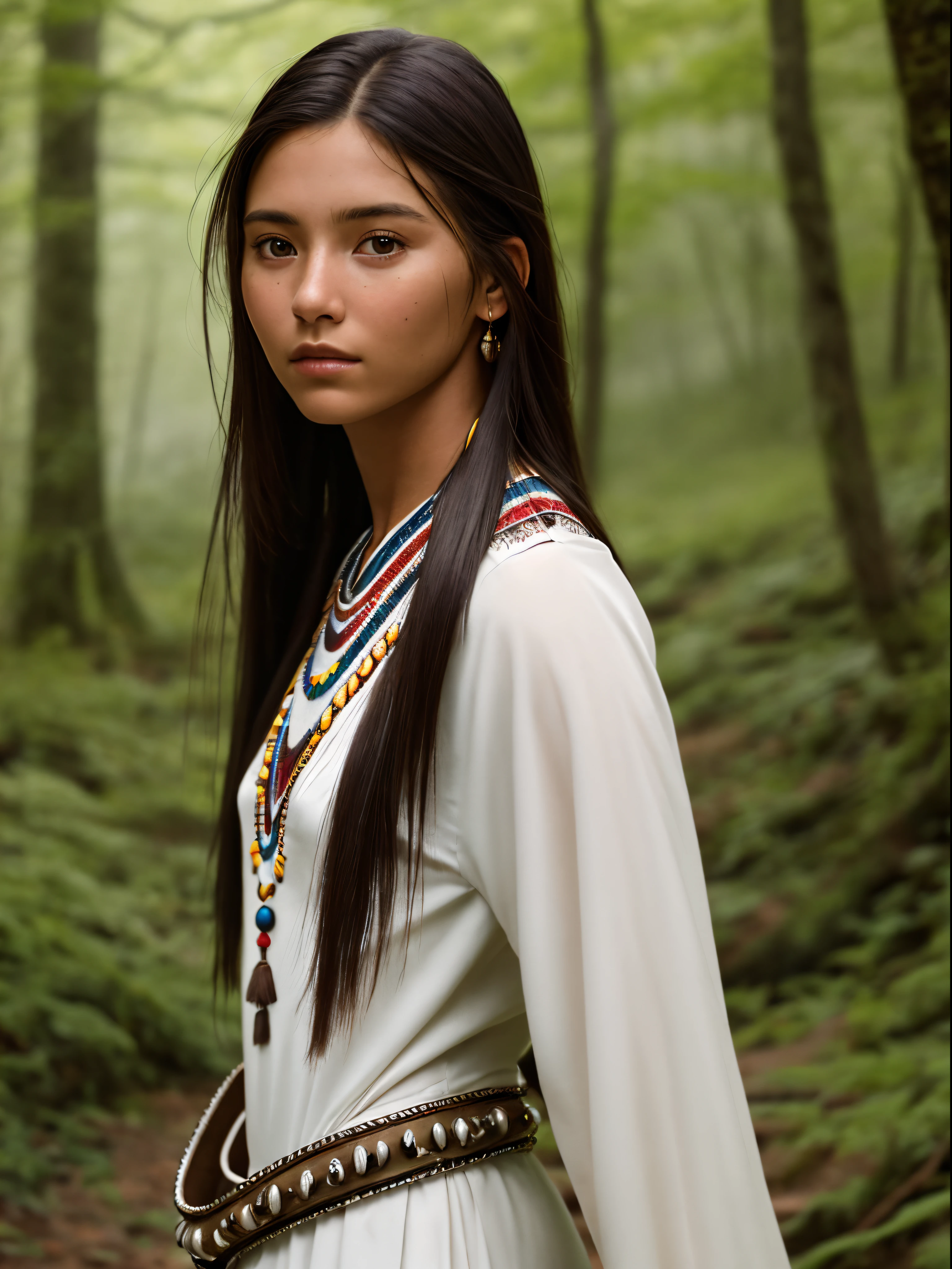 (Realistic:1.5), photorealistic, RAW photo, analog photo style, depth of field, ultra detailed photo of american indian woman, cute face, perfect body, dressed in minimalistic clothing with native and futuristic elements, 20 years old, she tilted her head but looking to camera, in idillic foggy hollow, dinamic pose, in style of Luis Rojo, naturally cinematic colors