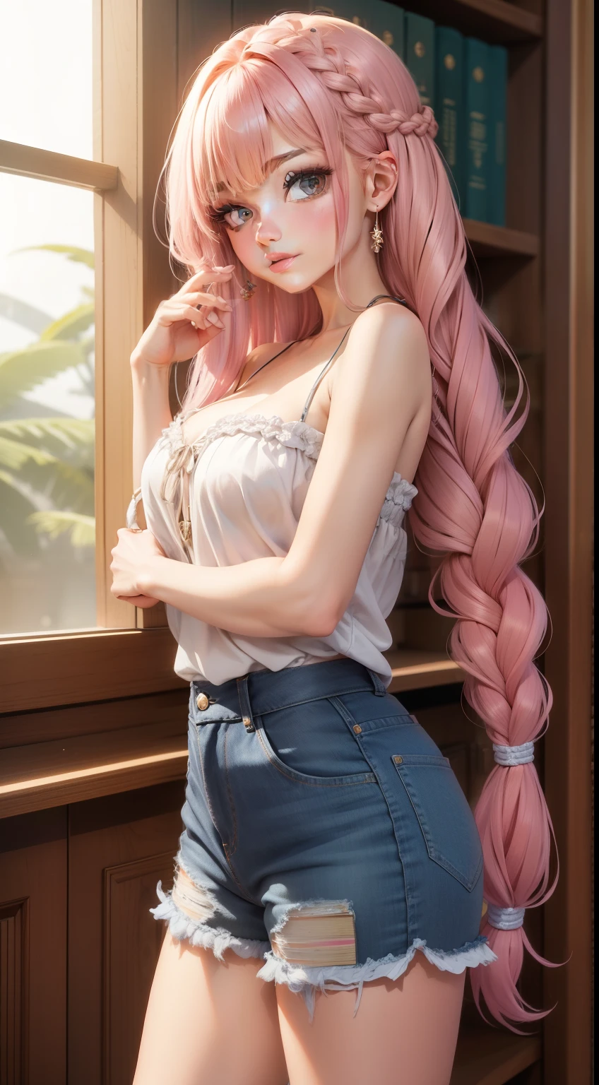 ((best quality,8k,tmasterpiece:1.4)), cabelo rosa,Long braid on one side, Ao ar livre, Roupa interior branca lisa de uma palavra bandeau,Enorme teto, peles brilhantes,shorts jeans rasgados apertados, olhos verdes
