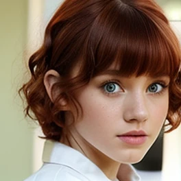 1 girl, photo realistic, 20 years old, cute face, short red hair with bangs and curls at the ends, green eyes, petite body, yellow button-down shirt, brown skirt