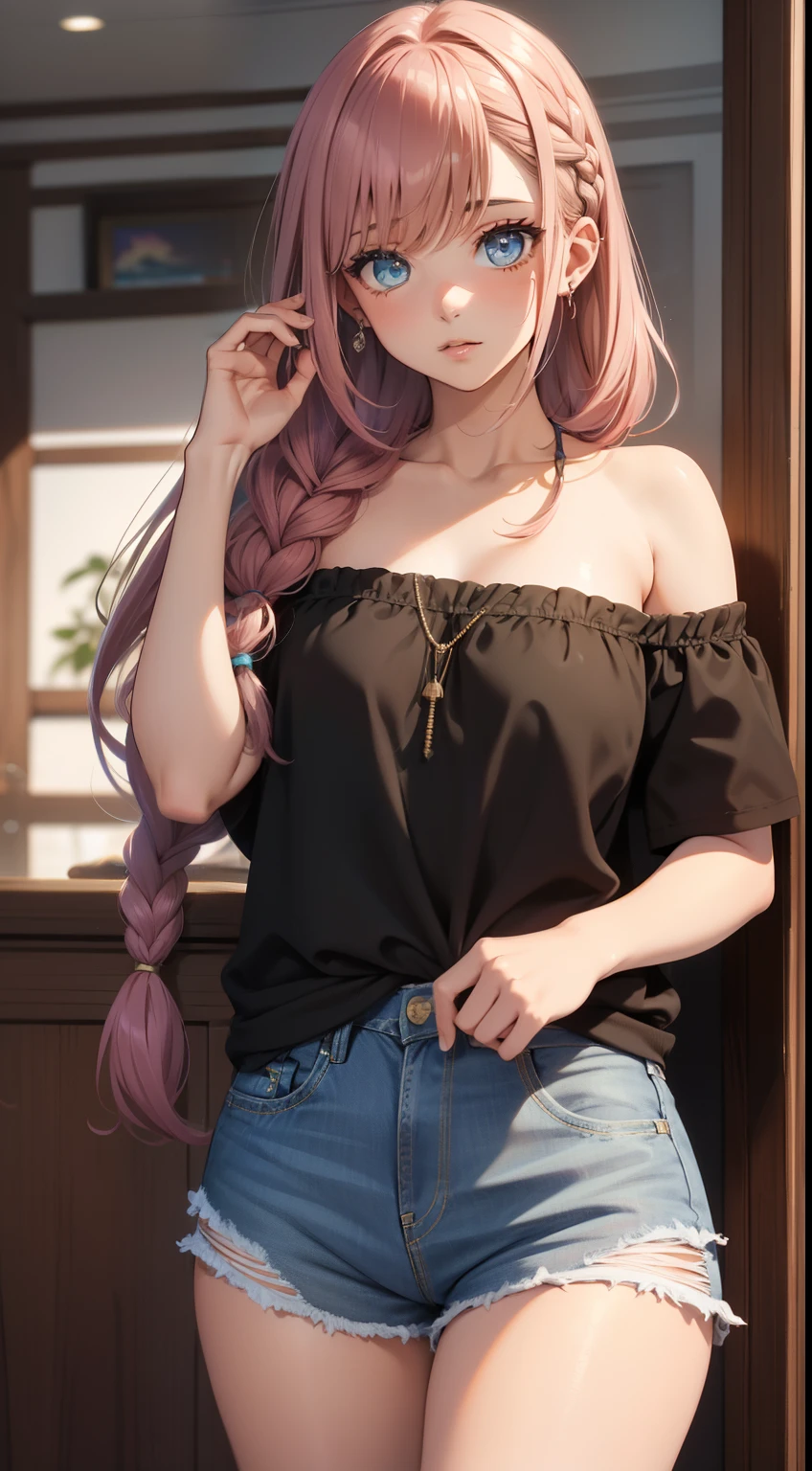 ((best quality,8k,tmasterpiece:1.4)), cabelo rosa,Long braid on one side, Ao ar livre, Roupa interior branca lisa de uma palavra bandeau,Enorme teto, peles brilhantes,shorts jeans rasgados apertados, olhos verdes