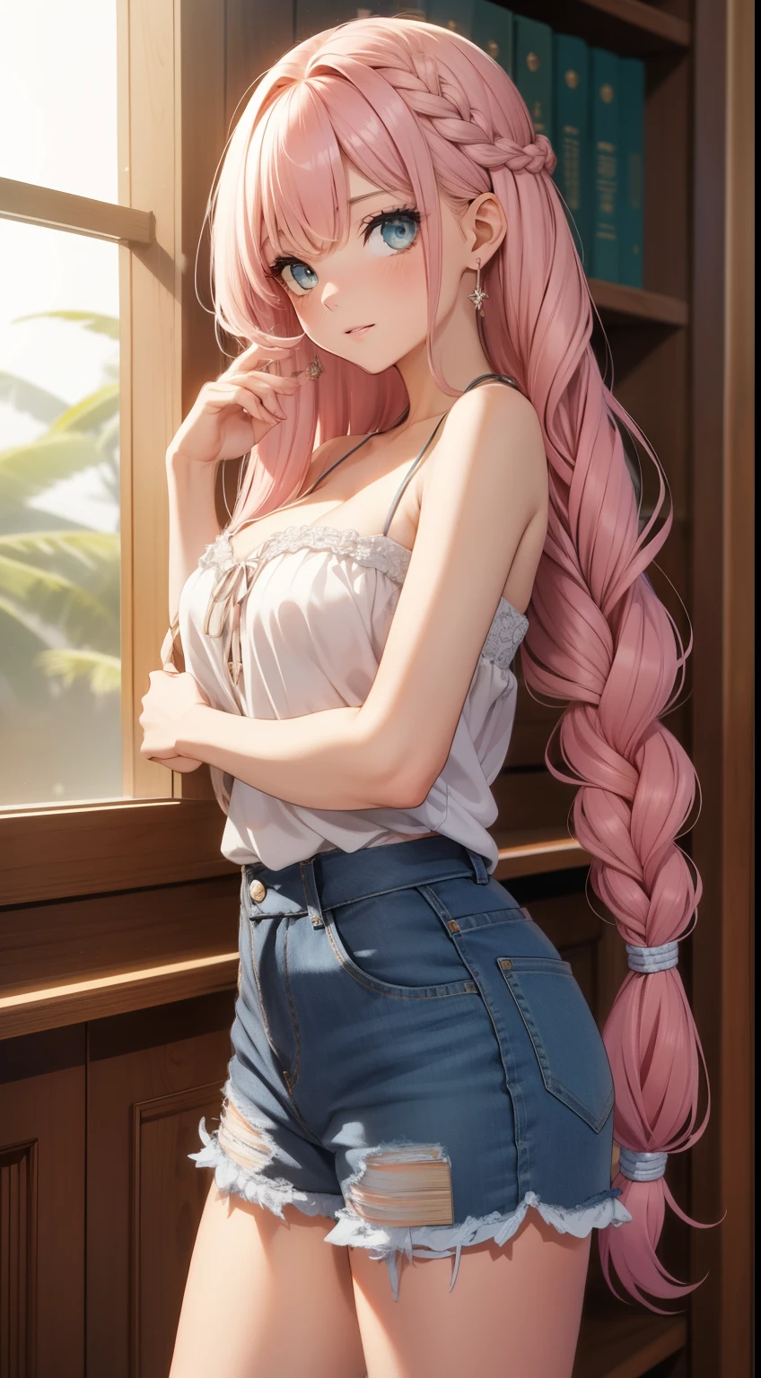 ((best quality,8k,tmasterpiece:1.4)), cabelo rosa,Long braid on one side, Ao ar livre, Roupa interior branca lisa de uma palavra bandeau,Enorme teto, peles brilhantes,shorts jeans rasgados apertados, olhos verdes