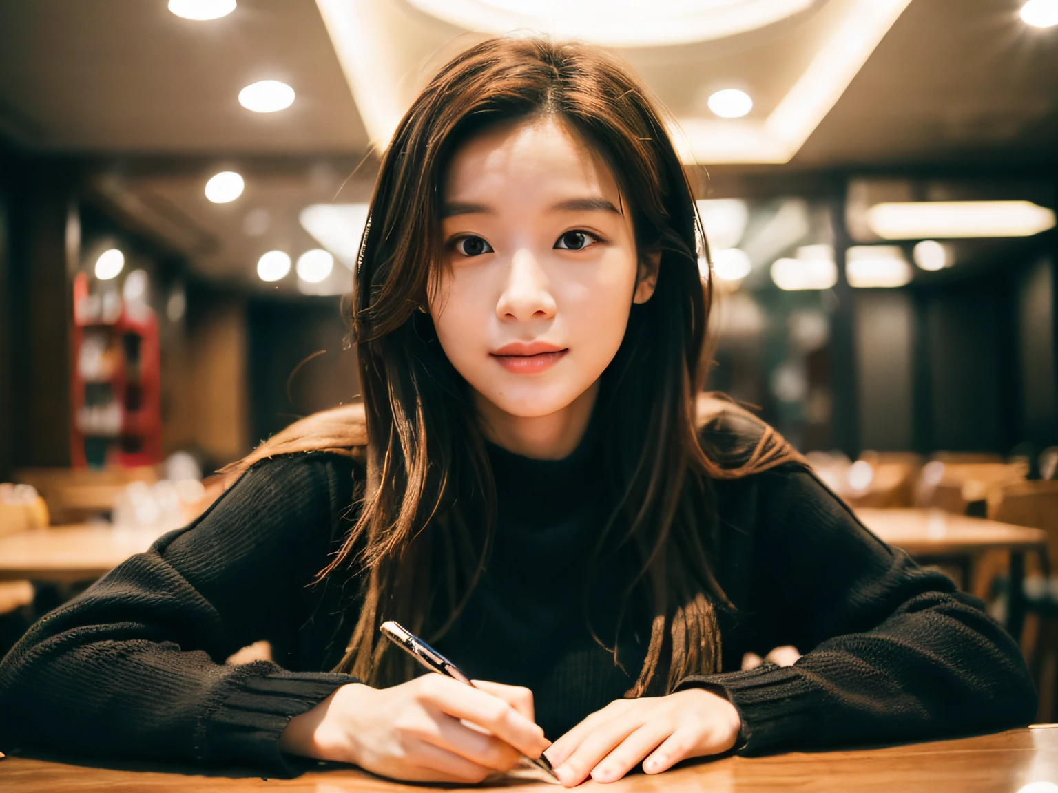 there is a woman with long hair sitting at a table, jaeyeon nam, gorgeous young korean woman, 8k selfie photograph, korean girl, heonhwa choe, korean woman, 2 9 years old, beautiful south korean woman, ash blond greyish hair, 2 7 years old, 2 8 years old, pokimane, with short hair
