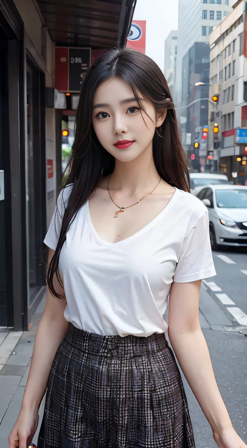 Araf woman in skirt and white shirt walking on the street, gorgeous young korean woman, Korean female fashion model, beautiful Korean women, Korean girls, beautiful young korean woman, korean woman, Wearing a white V-neck top, dressed in a white t-shirt, casual clothing style, wearing tight simple clothes, CasualClothing, a young asian woman