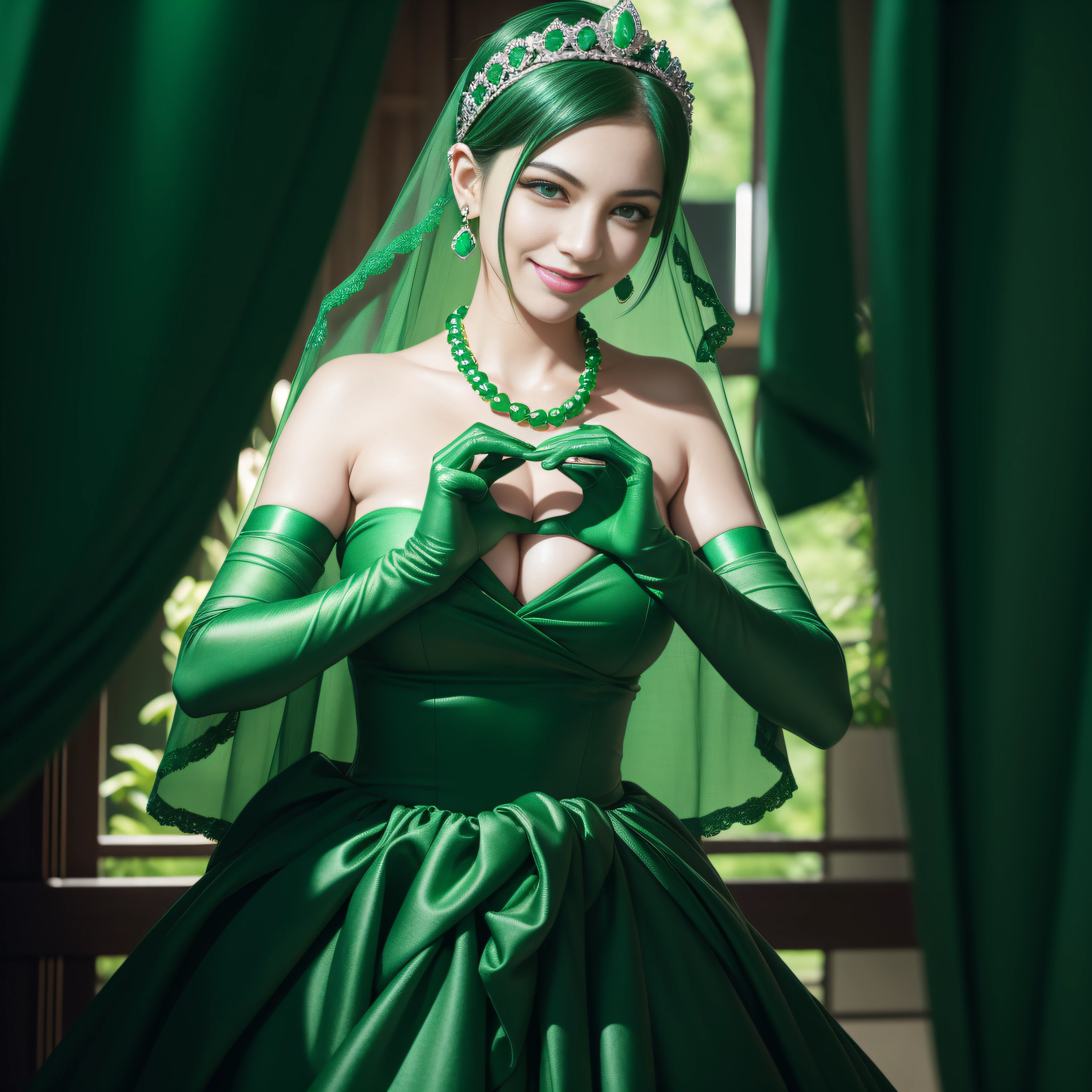 emerald tiara, Green Pearl Necklace, Boyish very short green hair, lipsticks, Japan woman smiling, very short short hair, big breasts beautiful, Green eyes, Long green gloves made of satin material, Green eyes, Emerald Earrings, green vale, Heart with both hands, Green hair