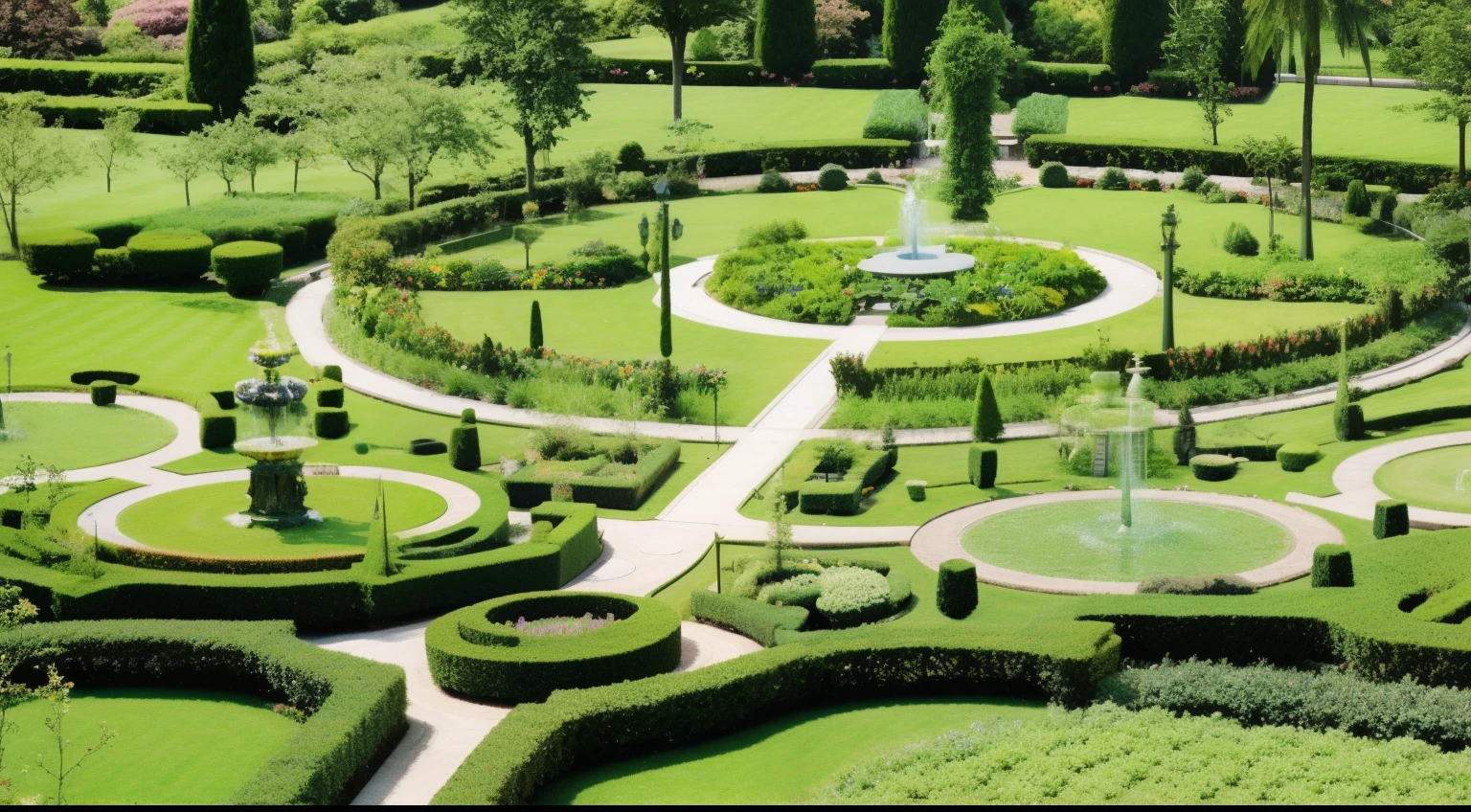 a view of a garden with a circular lawn and a fountain, royal garden landscape, botanical garden, amidst of nature fully covered, beautiful eden garden, manicured garden of eden, natural botanical gardens, botanic garden, parks and gardens, rich greenery, lush environment, lush landscape, celestial gardens, garden landscape, green spaces, garden environment, exterior botanical garden, lush greenery,4khd