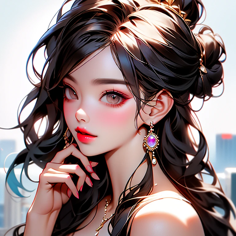 Solo,A woman puts her index finger to her lips,The woman'The fingers are in a quiet pose,Sea Pose,woman putting her finger on her lips, Messy bun hair, half updo hair, Looking at Viewer, Hair Ornament, Pastel colors hair, Jewelry,vivid 22eyes, makeup, Lips, Wavy Hair, earrings, Upper body, Portrait, Bangs, hair clips, Hand up, 鎖骨, City Background, Red lips,