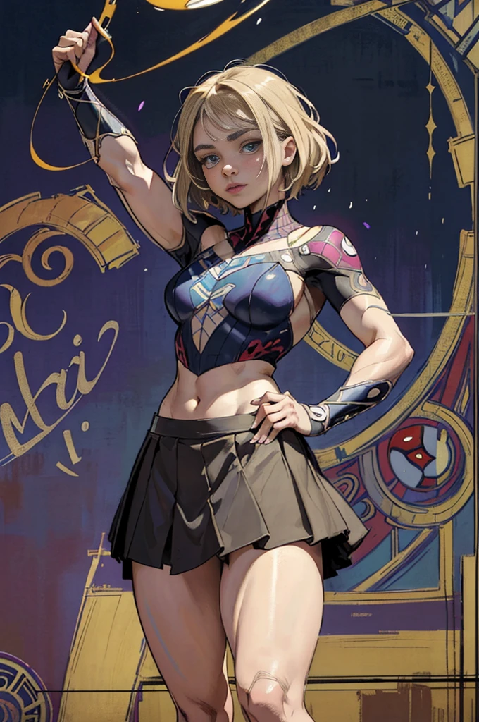 chloë grace moretz、Sticking out the navel、newyork、She wears a torn Spider-Man suit,wearing skirt、abstract photorealistic、artistic、Alphonse Mucha's painting(masterpiece、top-quality、hight resolution:1.4)、detaileds、intricate-detail、4K、color splashes、line-drawing、Fibonacci、