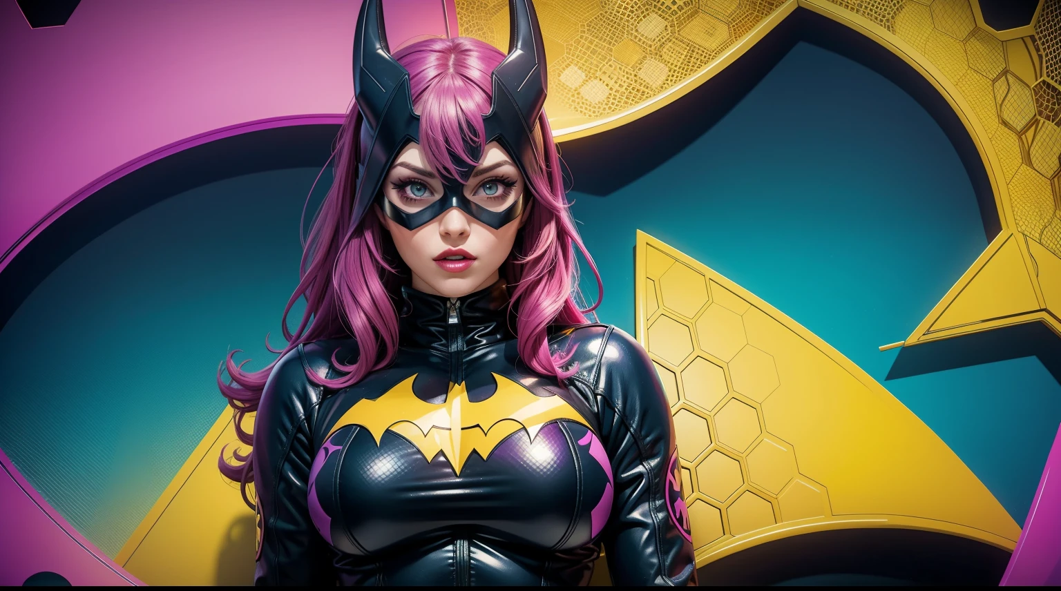Sexy Batgirl from DC Comics, Masterpiece, Best Quality, abstract, Psychedelic, Neon, (honeycomb pattern), (creative:1.3), Sy3, SMM, fantasy00d