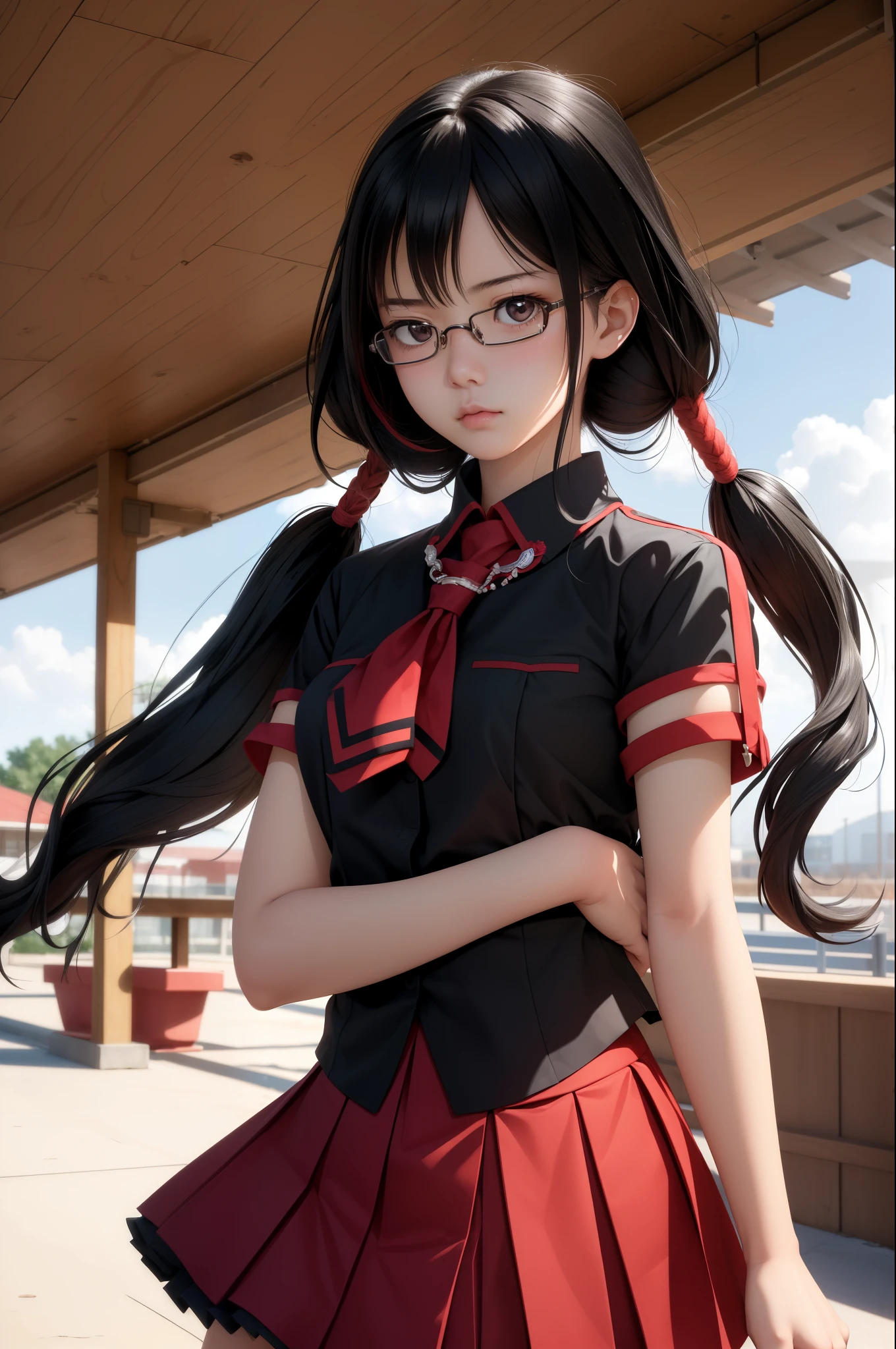 (masterpiece, best quality:1.2), cowboy shot, solo, 1girl, kisaragi saya, expressionless, closed mouth, looking at viewer, twintails, glasses, school uniform, skirt, dinamic lighting,