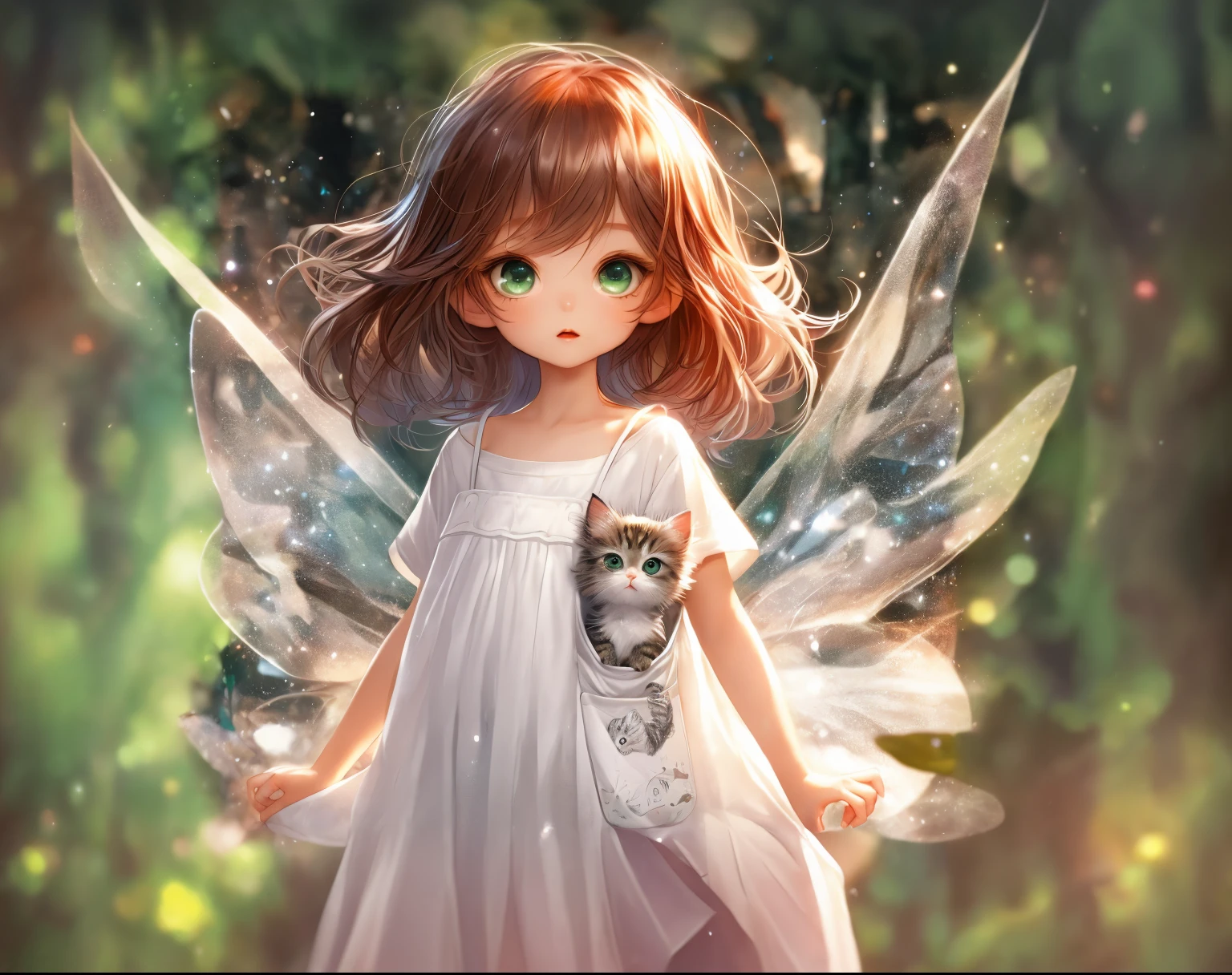 (absurderes、hightquality、8K、Ultra HD、full bodyesbian、)、(teens girl、Height 50cm)、She is wearing a short-sleeved white dress with pockets、(A small gray tabby kitten peeks out of the pocket)、she is about 、cute playful、Transparent fairy wings、 fairytale、reddish brown hair and green eyes、somewhat slender、For picture books、Fantasia、Sparkling and vivid、In the quiet forest nature、art by:Alberto Seveso、abstract art style、intricate and detailed watercolor painting、Digital Painting、 Concept art、3d lighting、Tamba Tamim、metallic reflective、2D Rendering、Artgerm、ArtStat Trend
