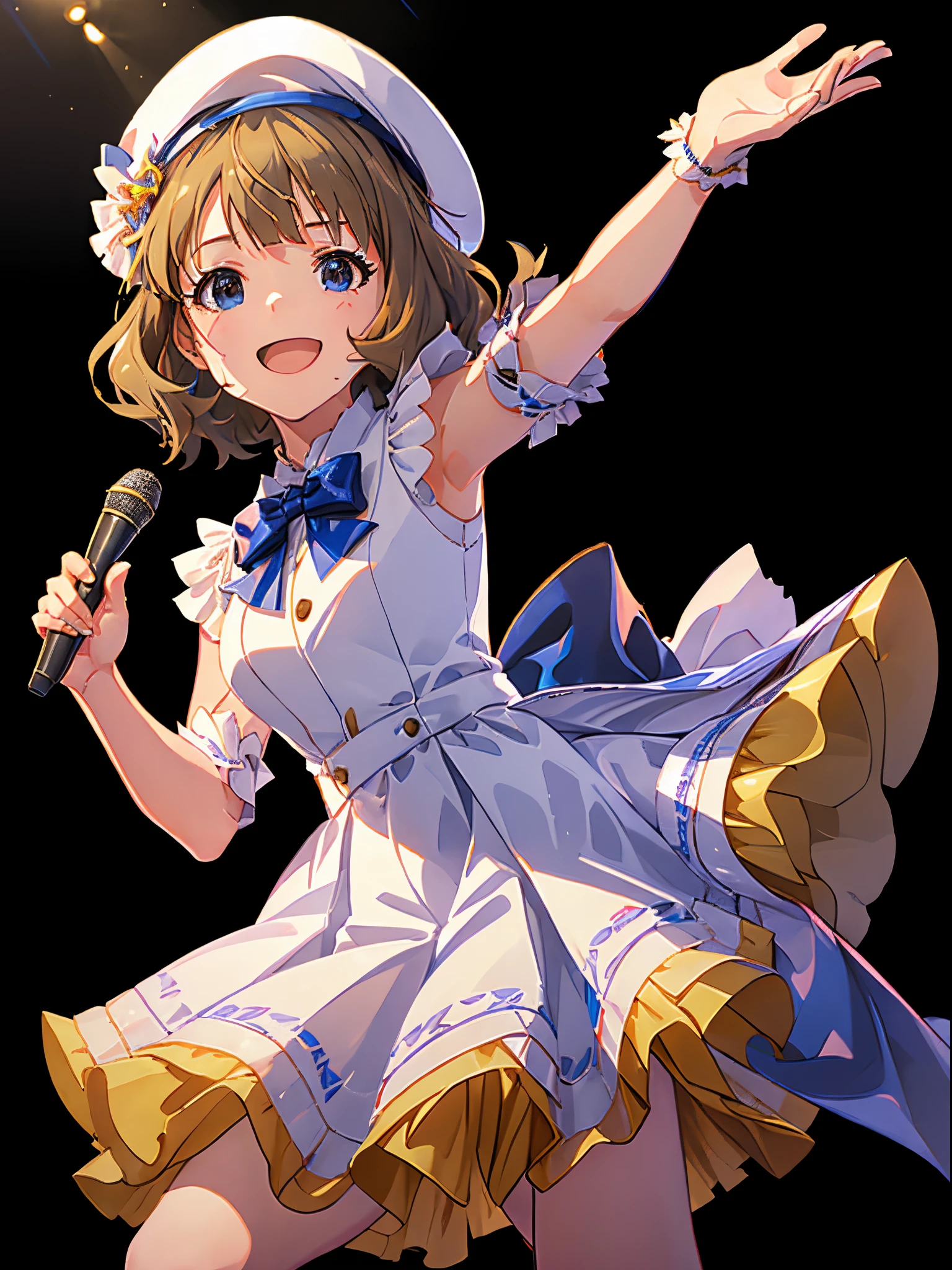 momoko suou (million live), 1 girl, Solo, Best Quality, masutepiece, High resolution, detailed face, cinematic angle, (((singing on the stage, waving, smile, blush, sweat:1.2,))), (((idol costume, white beret, white and blue frilled dress, holding a microphone:1.2, thighs))), (((concert, stage, concert light, spot light,)))