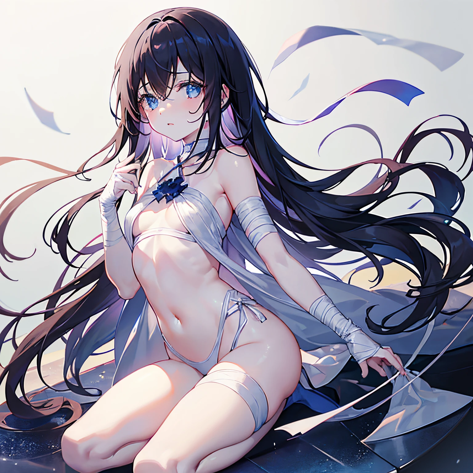 1 girl, no smile, sparkling navy blue eyes, (black hair) ,Cute woman with short baby face, bandaged, small stature, small breasts, , Full body, (masutepiece:1.2, Best Quality), (finely detailed beautiful eye: 1.2), (beautifull detailed face), High contrast, (Best Illumination, extremely delicate and beautiful), ((Cinematic Light)), Dramatic light, (Pale white background:1.5), bandaged_leg, bandages, bandaged_arm,  bandaged_neck, mummy_costume, bandaged_hand, long_hair, collarbone,  bandaged_head