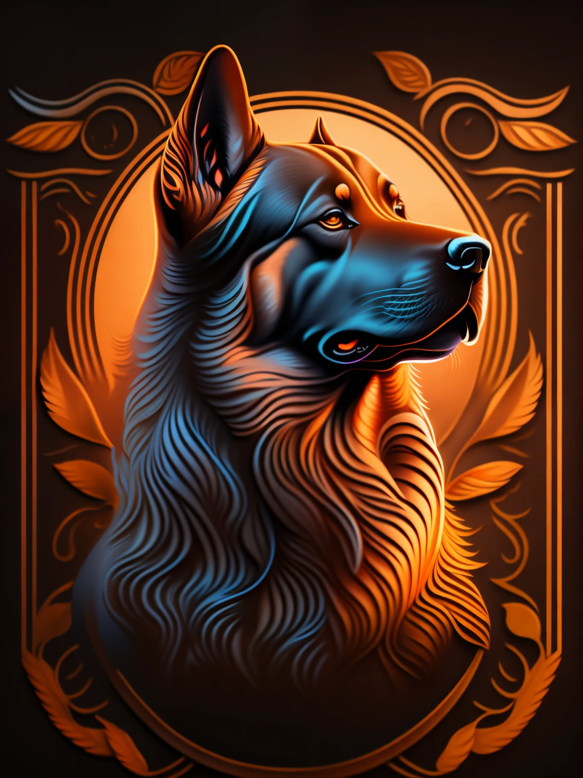 [brown dog] Heraldic silhouette, logo masking style illustration, by dan mumford, by greg rutkowski, by james jean, black background, fantasy art, mysterious, realistic, majestic, rich vibrant colors, high contrast, seamless water brand, artstation, deviantart, dribble, redbubble, teepublic, sharp focus, simple, hyper detailed, detailed drawing, vectorize, outline, isometric style, 8k."