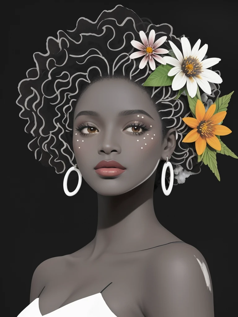 Pintura de uma mulher com flores no cabelo, mulher negra, mulher jovem negra, jovem mulher negra, girl with a flower head, Princesa negra africana, ****** negra, afrocentric mysticism, afro feito de flores, mulher africana, ****** com um rosto de flor, mulher afro-americana, ****** afro-americana, magia negra, retrato feminino com flores, in illustration style digital