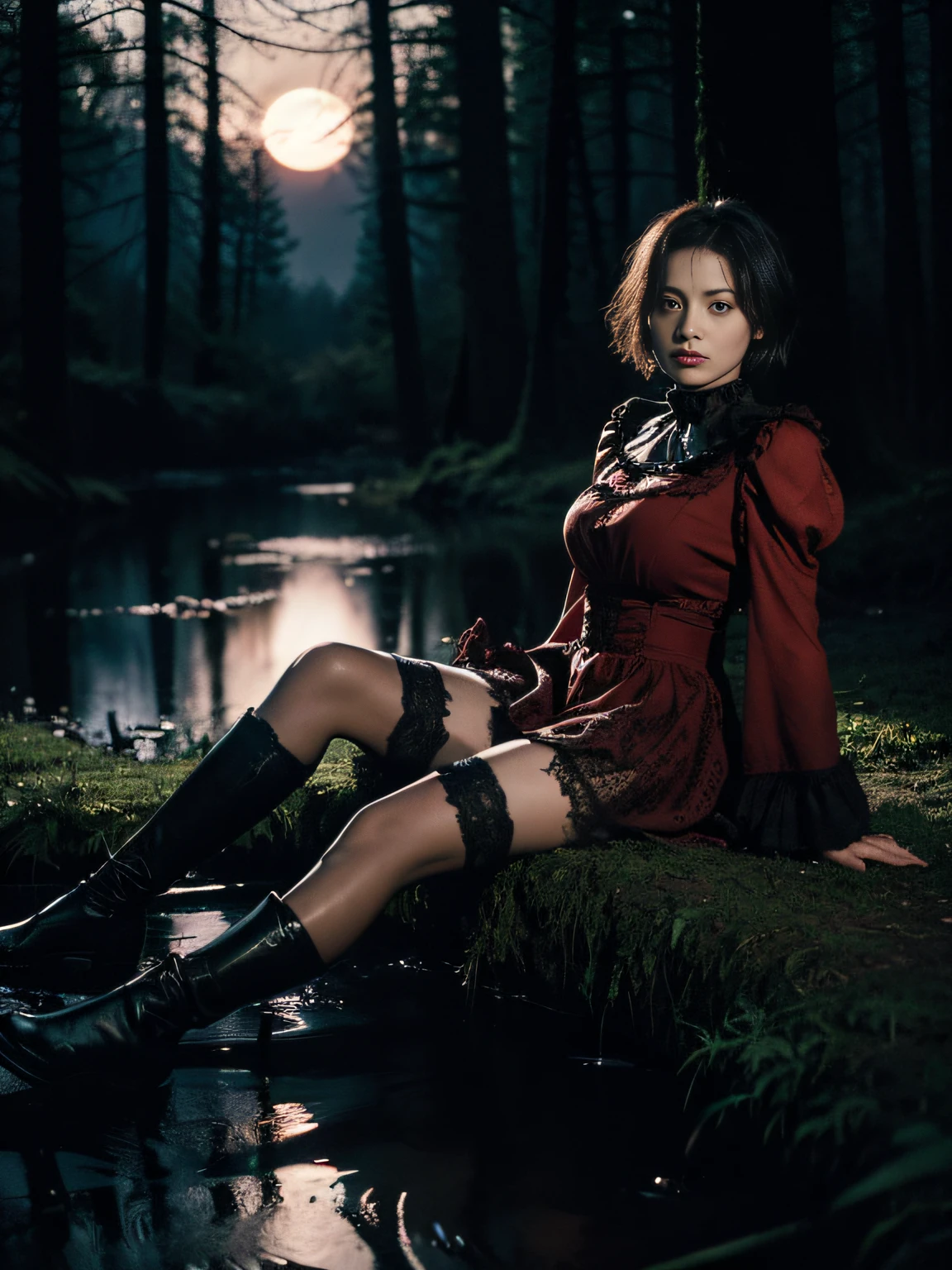 (Hyperrealistic photo, Ultra Detailed, Raw, tmasterpiece), Black Sky, night time, The forest is illuminated by the moon because of the clouds, ominous red reflections in the distance. Drama. vicious woman tragically drowns in a swamp. Gothic dress with sleeves:0.2, lace stockings with garters. victim, She has an iron collar, Short Hair Hair, The face expresses gloomy delight. desperately trying to get to the surface, but the mud is pulling her down, And she knows, that her last moments are near, Imminent Doom