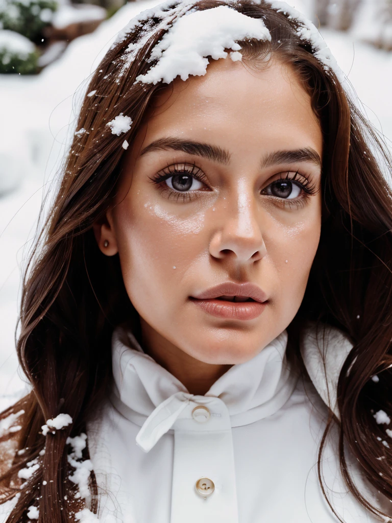 Masterpiece, Sexy woman, Albanian woman, 30 years, cute face, neat face, detailed face, small neat nose, neat plump lips, big brown eyes, brown eyes, Alice Milano, long hair, curly hair, natural shine, chocolate hair, western, hot girl with charm face, beautiful dress, dress, winter, laying on the snow, top view, entire body in frame, detailed and realistic image, full-frame, very detailed 8k HD high definition detailed realistic, skin detailed texture