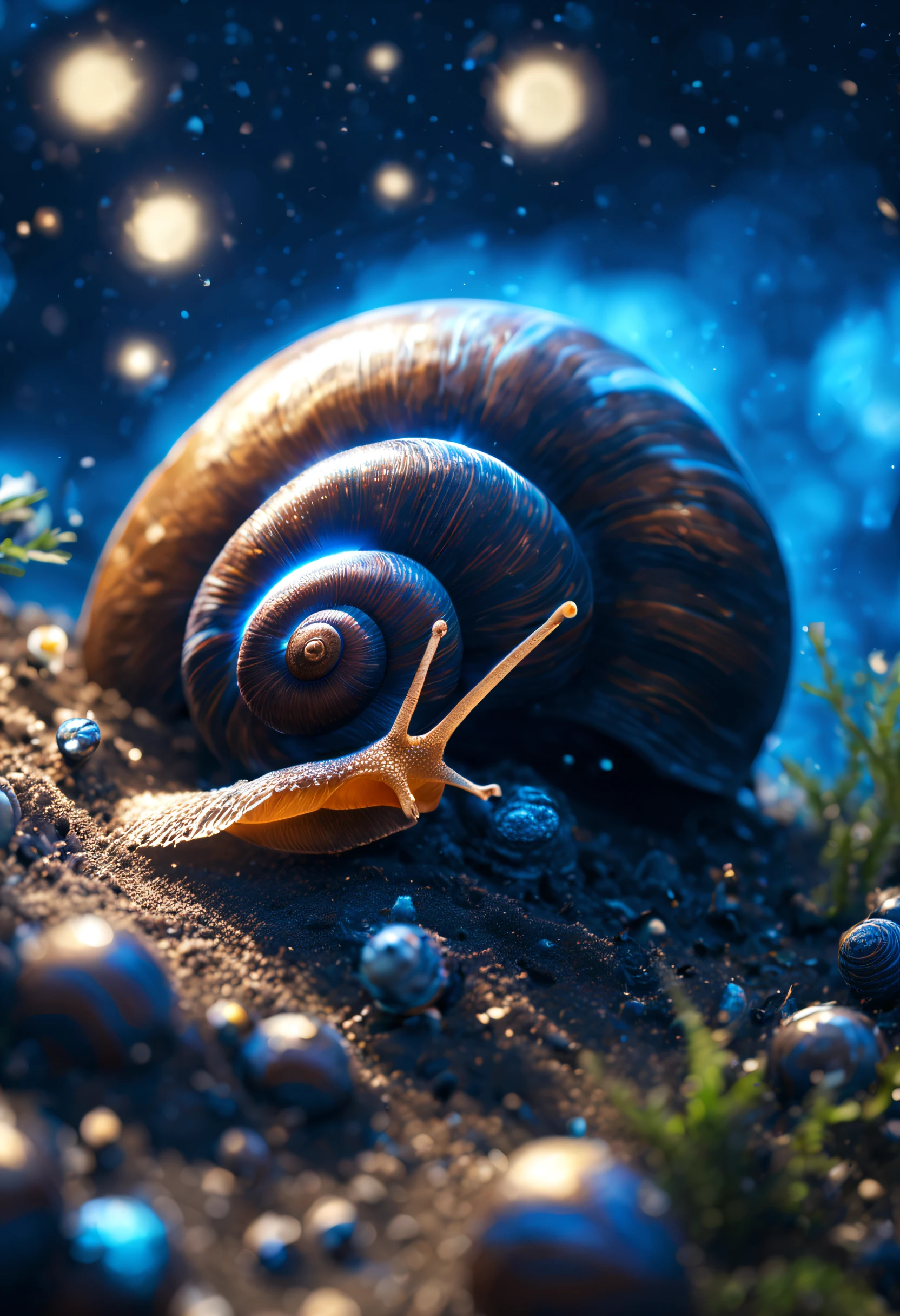 The subject ahead is a crawling(tiny 1.3)Brown snail back view,The background is one(The full)、glowing(Huge 1.2)of blue(Planet 1.2),Snails crawl on the lower edge of the planet,The little snail contrasts with the big planet,Ultra HD UHD,tmasterpiece,starlights、embodiment(Lines of Planetary Movement 1.2),siluette,best qualityer,Picture ratio 9:16,Look up at the camera