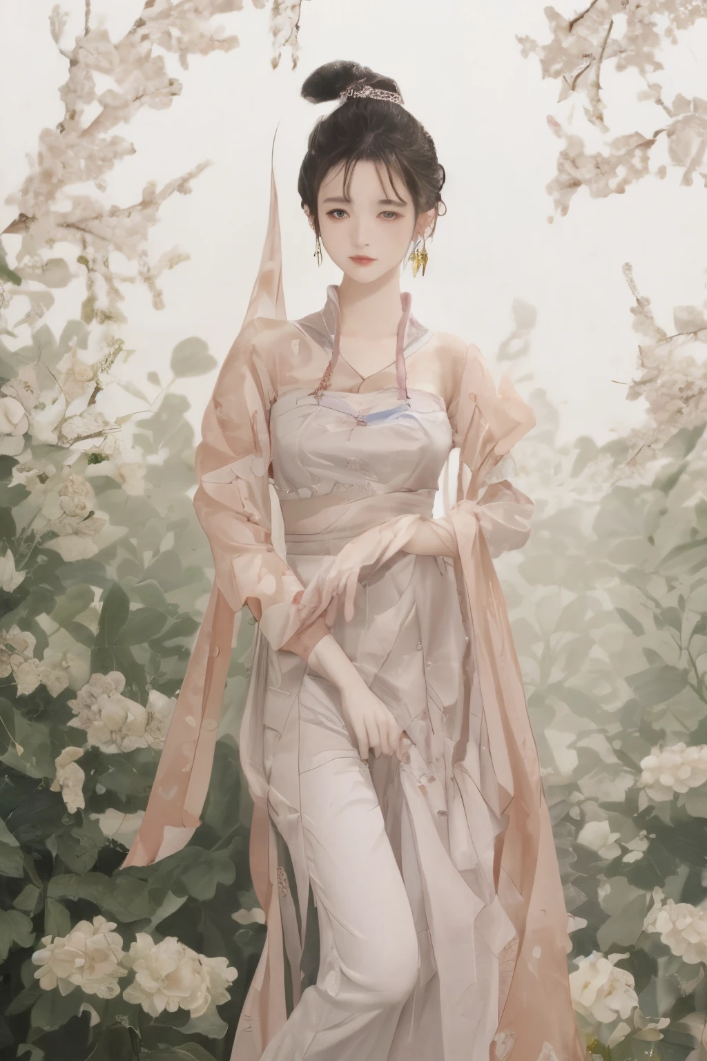 brunette color hair、Hair bobble、wince、long eyelasher、solid circle eyes、Light smile、Ear ring、Song Dynasty porcelain transformed into human form、Simple but beautiful clothing and facial features、Quiet flower arrangement、There are many beautiful china and flowers nearby、Chinese ancient painting style,Uniform color