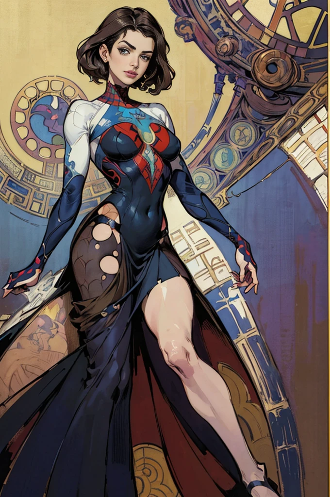 Anne Hathaway、Sticking out the navel、newyork、She wears a torn Spider-Man suit,wearing skirt、abstract photorealistic、artistic、Alphonse Mucha's painting(masterpiece、top-quality、hight resolution:1.4)、detaileds、intricate-detail、4K、color splashes、line-drawing、Fibonacci、