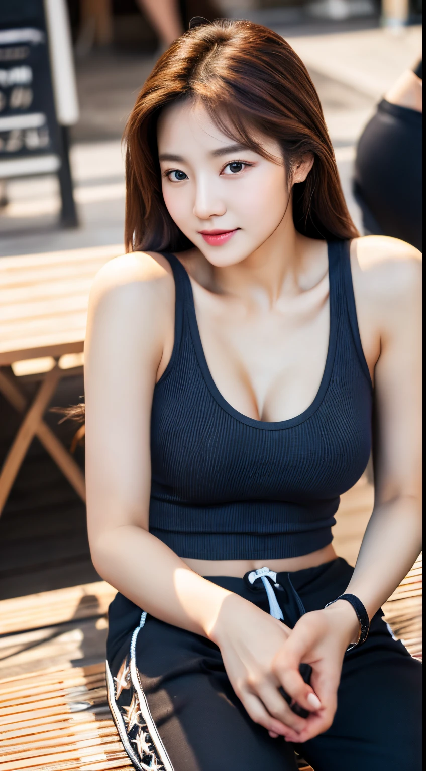 Realistic photos of (1 cute Korean star) hair over shoulder, 32 inch breasts size, tank top, pants, shorts, sitting at outdoor cafe, close-up, Canon, UHD
