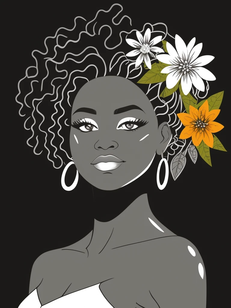 Pintura de uma mulher com flores no cabelo, mulher negra, mulher jovem negra, jovem mulher negra, girl with a flower head, Princesa negra africana, menina negra, afrocentric mysticism, afro feito de flores, mulher africana, menina com um rosto de flor, mulher afro-americana, Menina afro-americana, magia negra, retrato feminino com flores, in illustration style digital