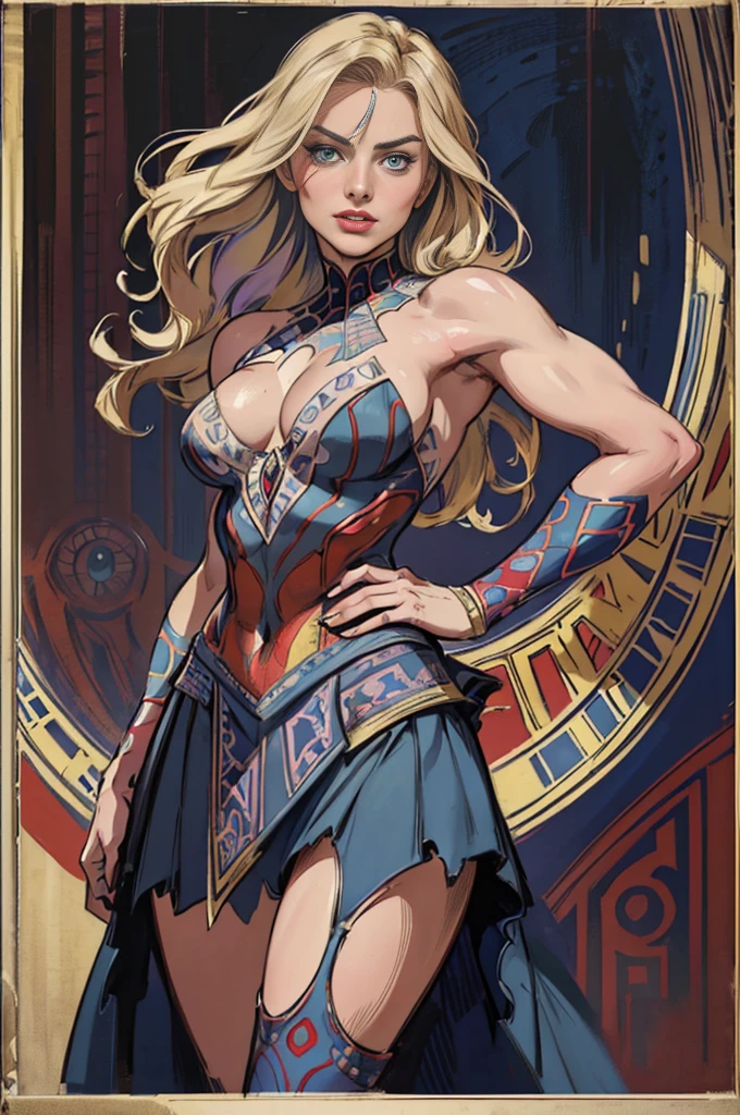 Margot Robbie、Sticking out the navel、newyork、She wears a torn Spider-Man suit,wearing skirt、abstract photorealistic、artistic、Alphonse Mucha's painting(​masterpiece、top-quality、hight resolution:1.4)、detaileds、intricate-detail、4K、color splashes、line-drawing、Fibonacci、