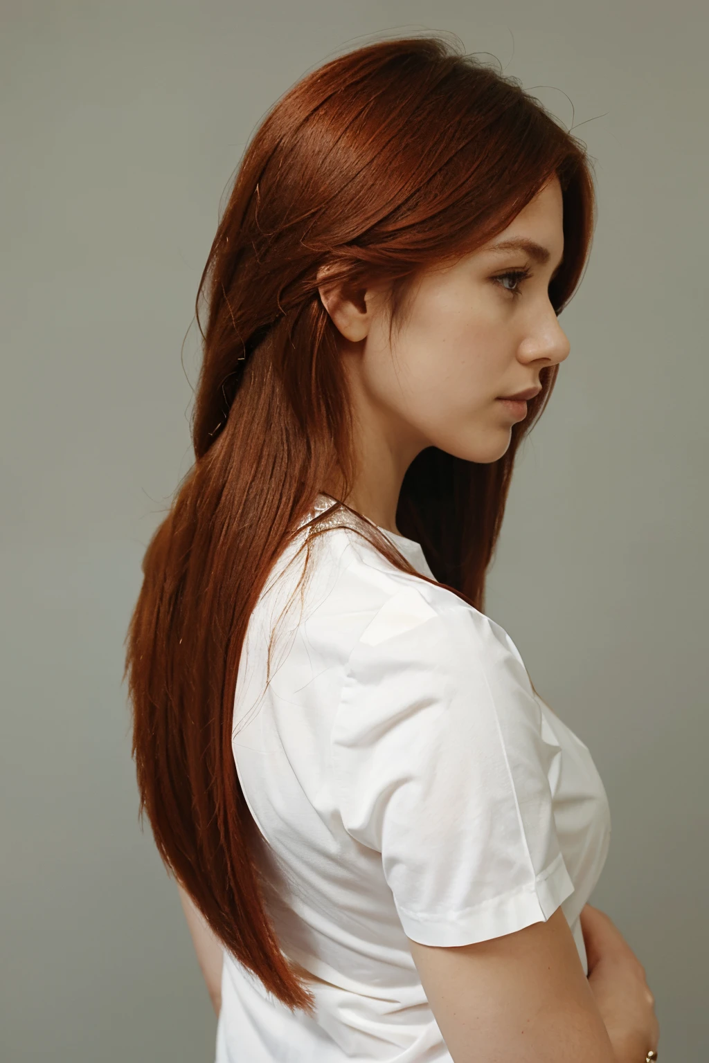 Business style girl with loose hair, Clear edge, long red bob white background. View from the back with the head turned in profile