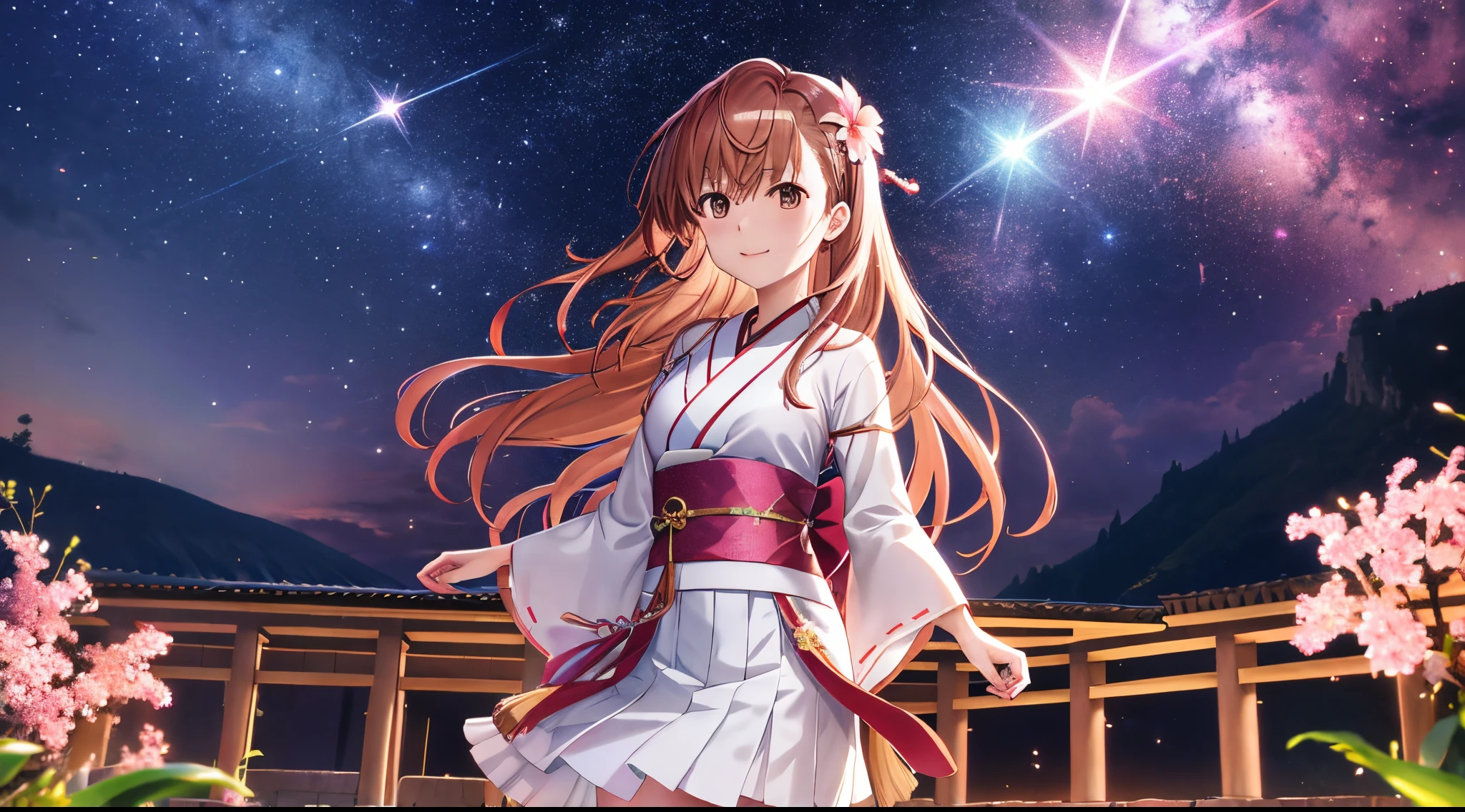 Anime view of Misaka mikoto, 1girl, teen girl, kawaii, solo, chestnut hair, hairpin,brown eyes, standing, looking at viewer,smile,cosmic stars kimono,praying beads on neck, long skirt,flower fields in greek Acropolis waterfalls,night sky nebulae,anime style,deep depth of field,wide angle view,Lumen Reflections,Screen Space Reflections,Diffraction Grading,Chromatic Aberration,GB Displacement,Scan Lines,Ray Traced,Anti-Aliasing,FXAA,TXAA,RTX,SSAO,Shaders,OpenGL-Shaders,GLSL-Shaders,Post Processing,Post-Production,cell Shading,Tone Mapping,CGI,VFX,SFX,insanely detailed and intricate, 4K