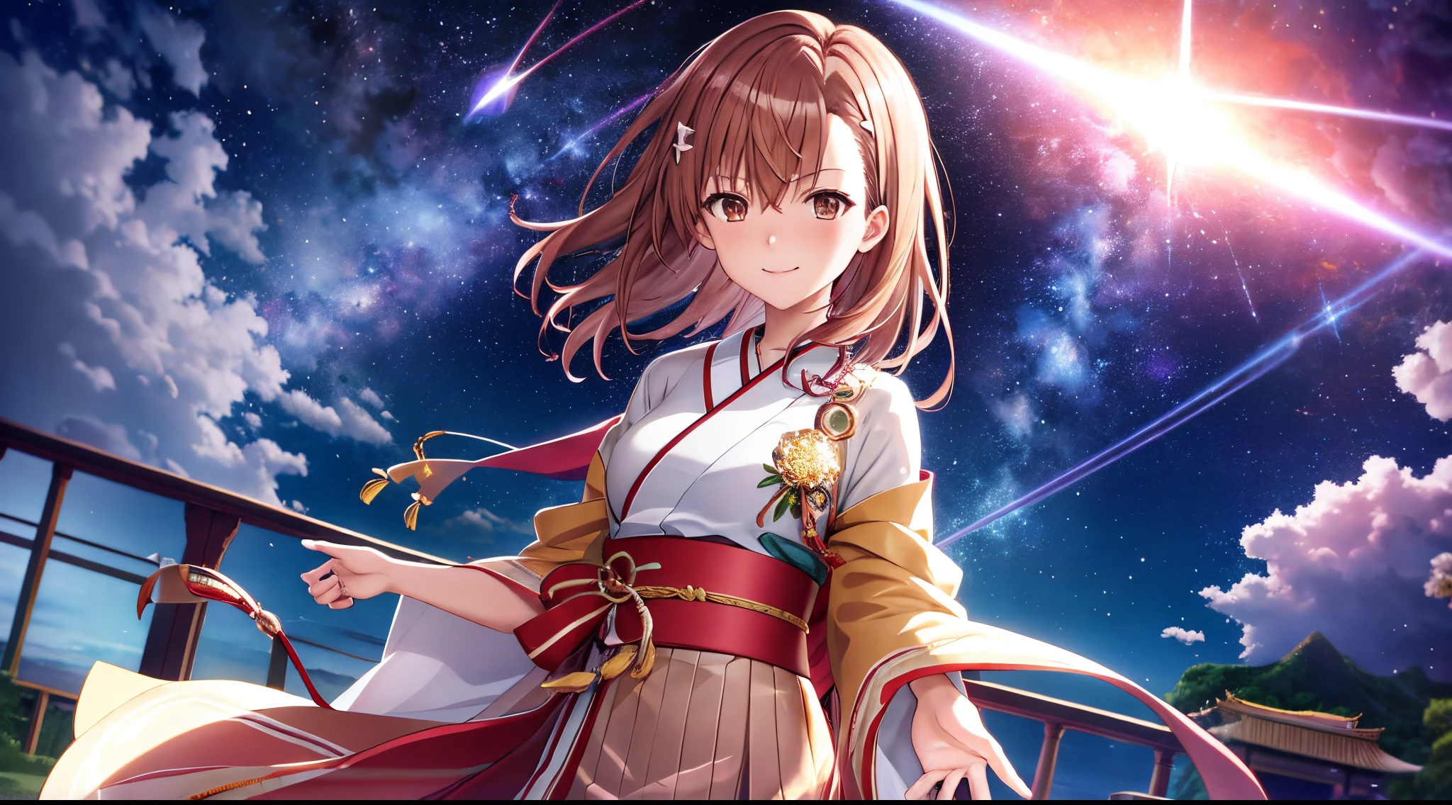 Anime view of Misaka mikoto, 1girl, kawaii, solo, chestnut hair, hairpin,brown eyes, standing, looking at viewer,smile,cosmic stars kimono,praying beads on neck, long skirt,flower fields in greek Acropolis waterfalls,night sky nebulae,anime style,deep depth of field,wide angle view,Lumen Reflections,Screen Space Reflections,Diffraction Grading,Chromatic Aberration,GB Displacement,Scan Lines,Ray Traced,Anti-Aliasing,FXAA,TXAA,RTX,SSAO,Shaders,OpenGL-Shaders,GLSL-Shaders,Post Processing,Post-Production,cell Shading,Tone Mapping,CGI,VFX,SFX,insanely detailed and intricate, 4K